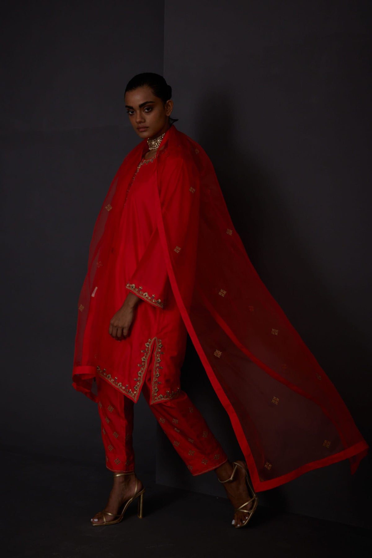 Embroidered Scarlet Red Dupatta