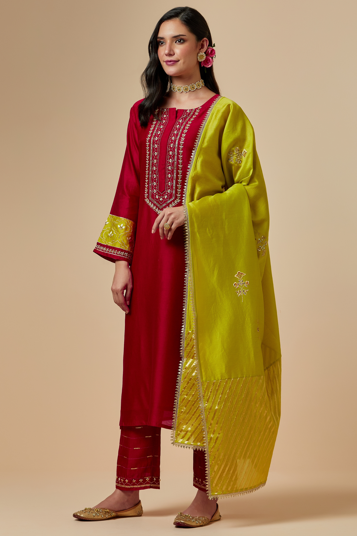 Red Silk A-line Kurta