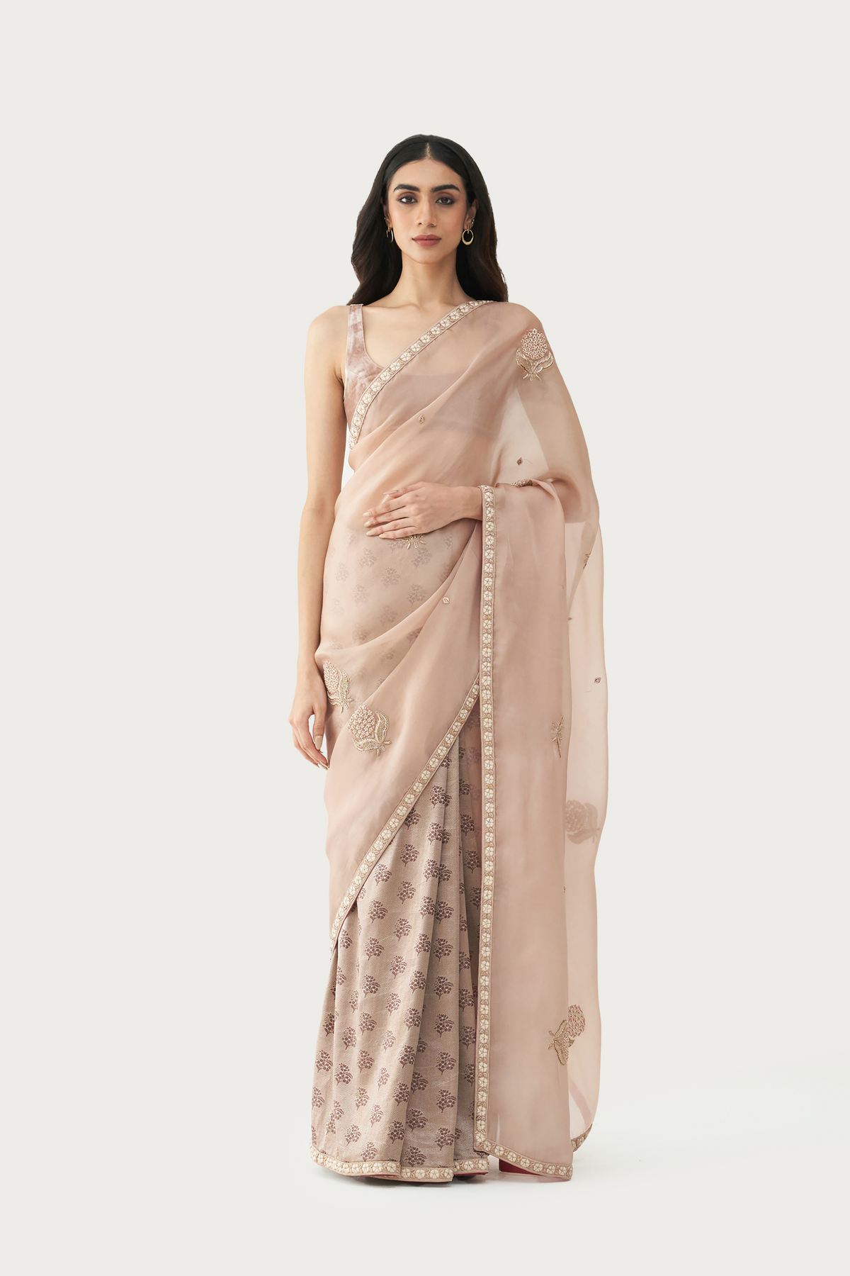 Niloufer millefluer earth grey embroidered saree