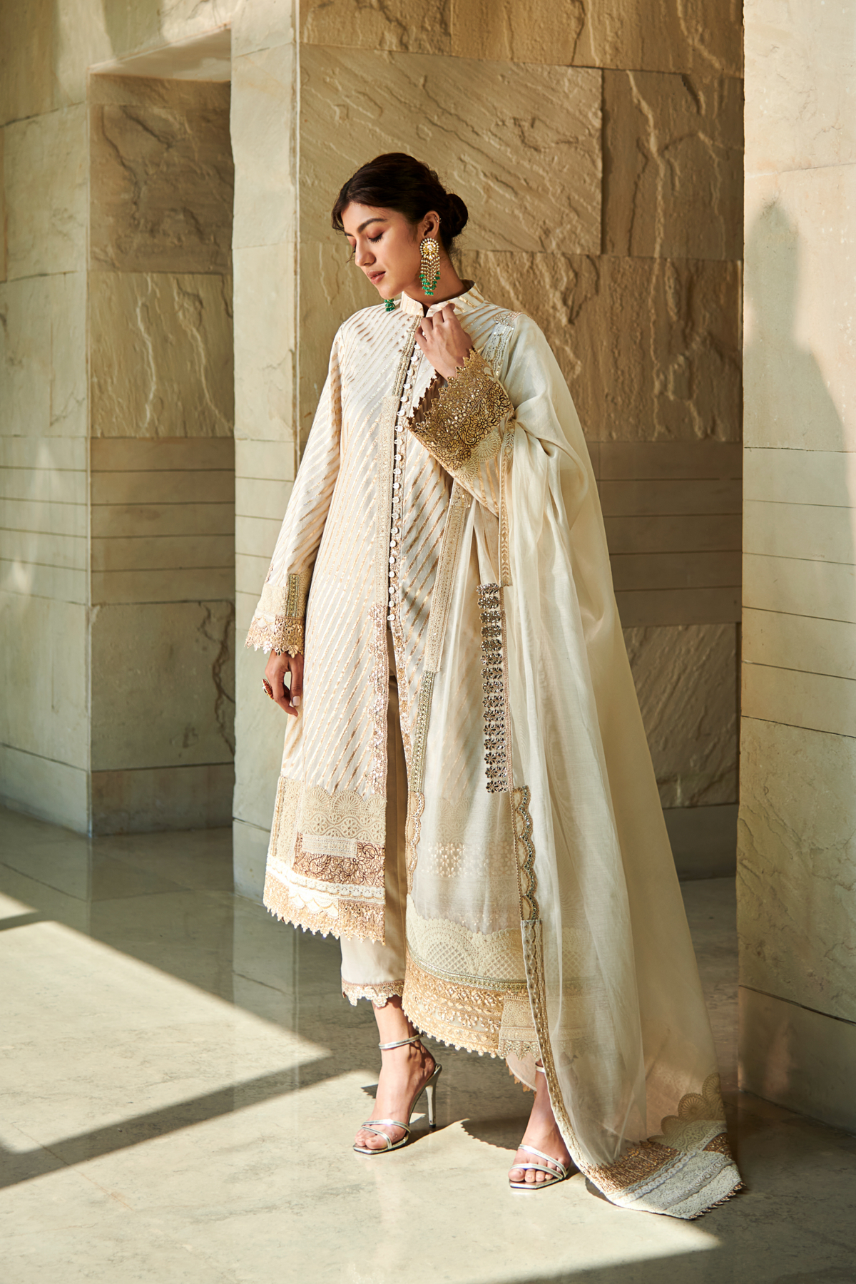 Multi patch ivory and gold front open suit set