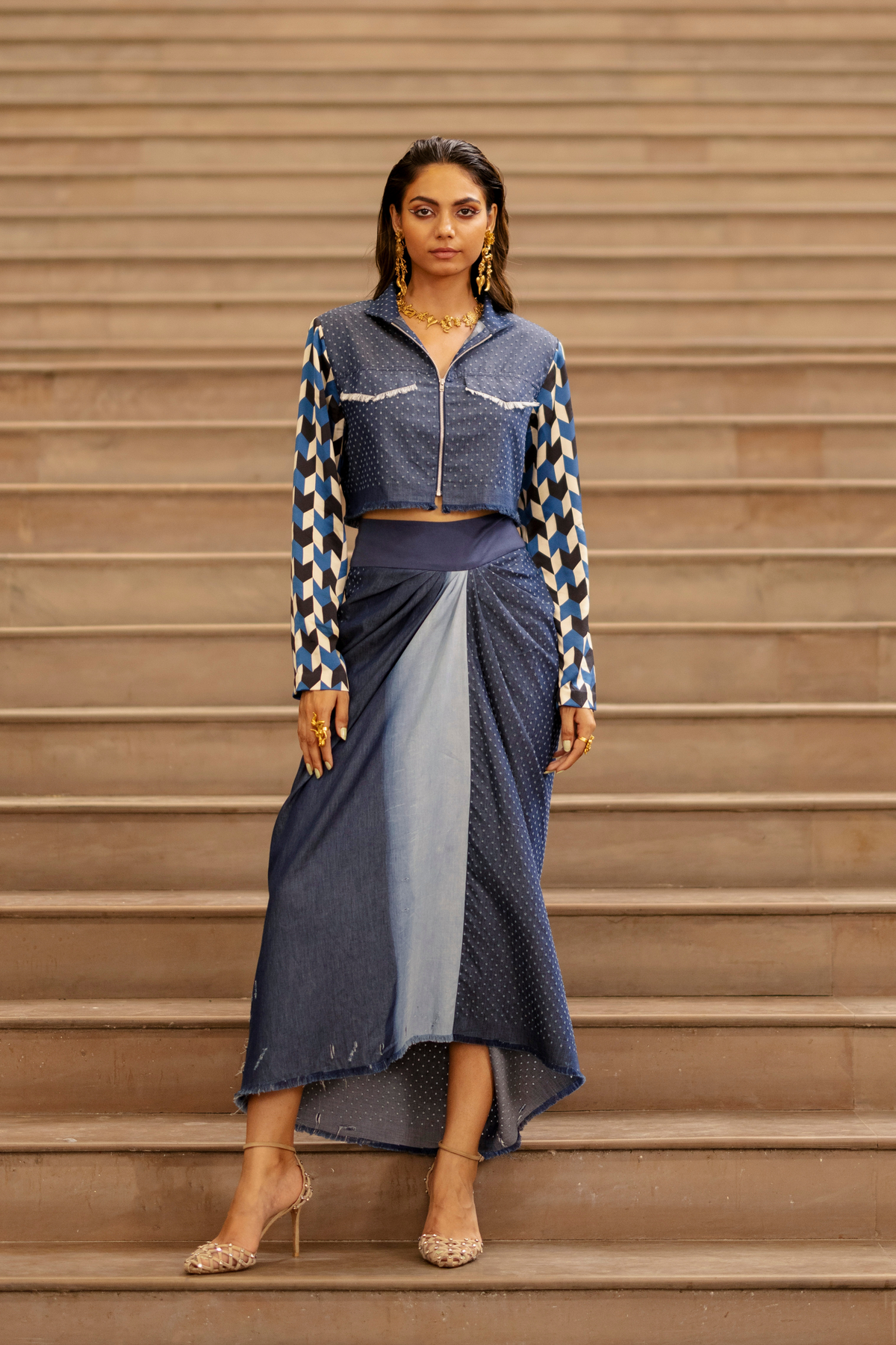 Denim Crop Jacket With Knotted Skirt