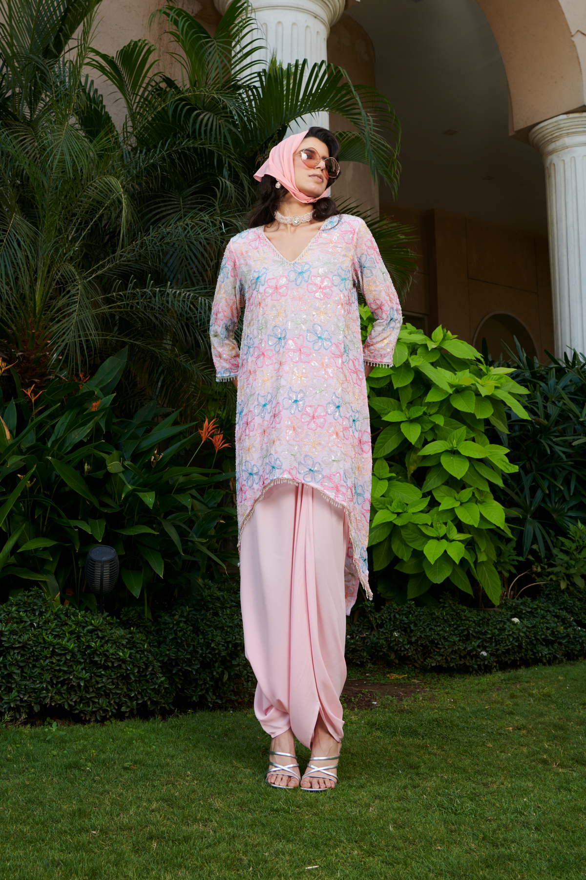 Pink Flower  Kurta And Dhoti