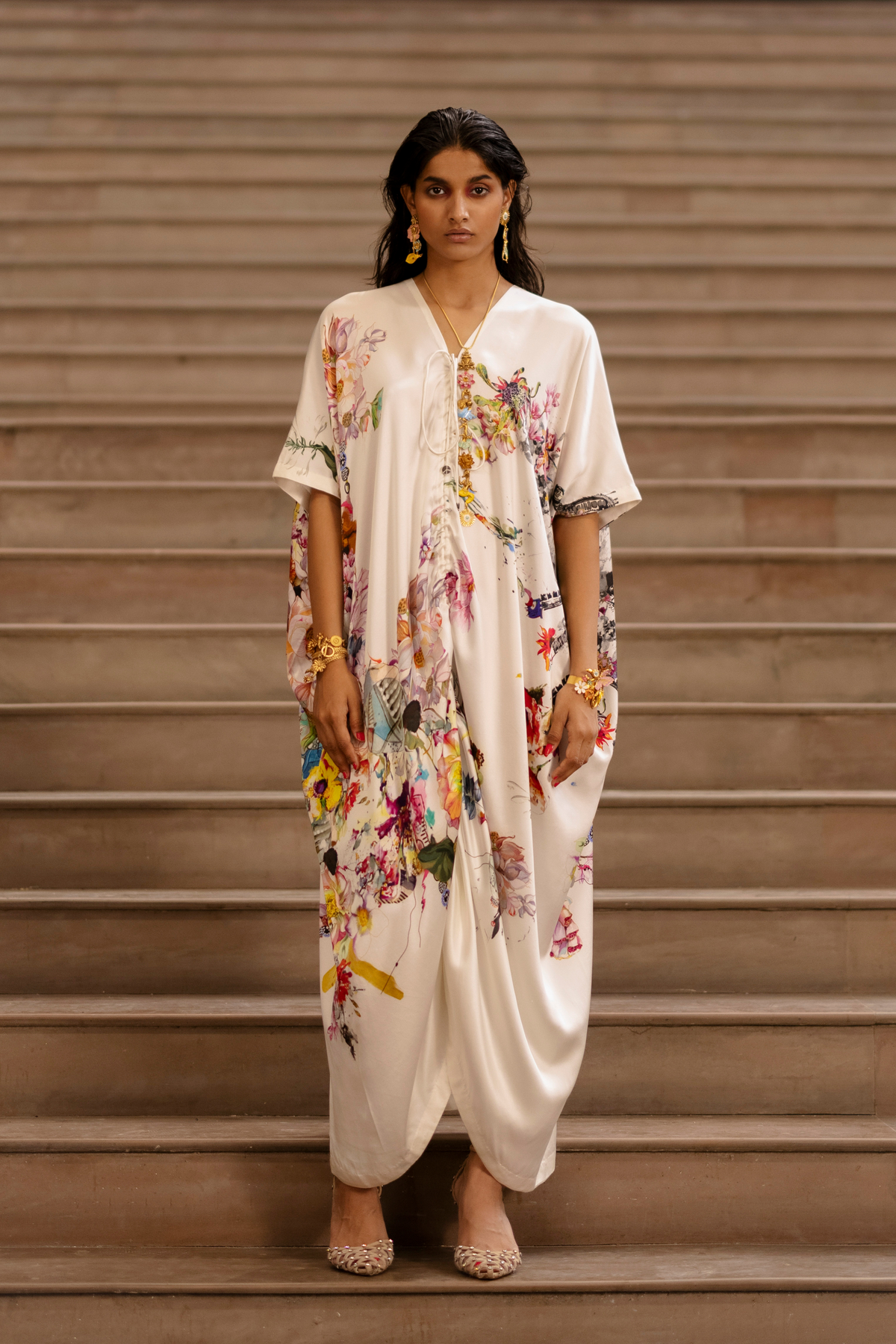 Graphic Printed Drawstring Kaftan