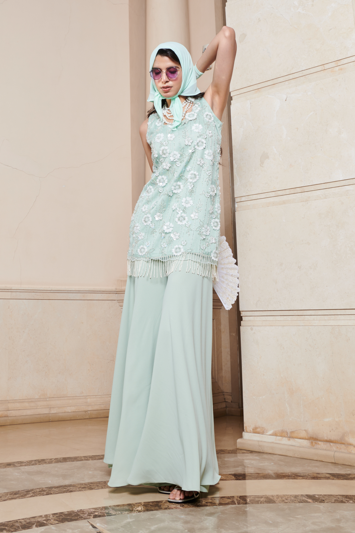 Mint Net Dress And Georgette Pant