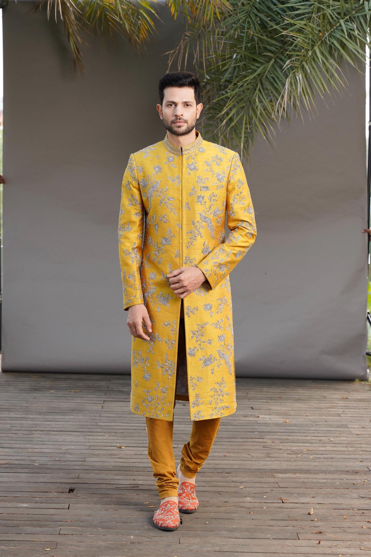 Mustard Embroidered Sherwani Set