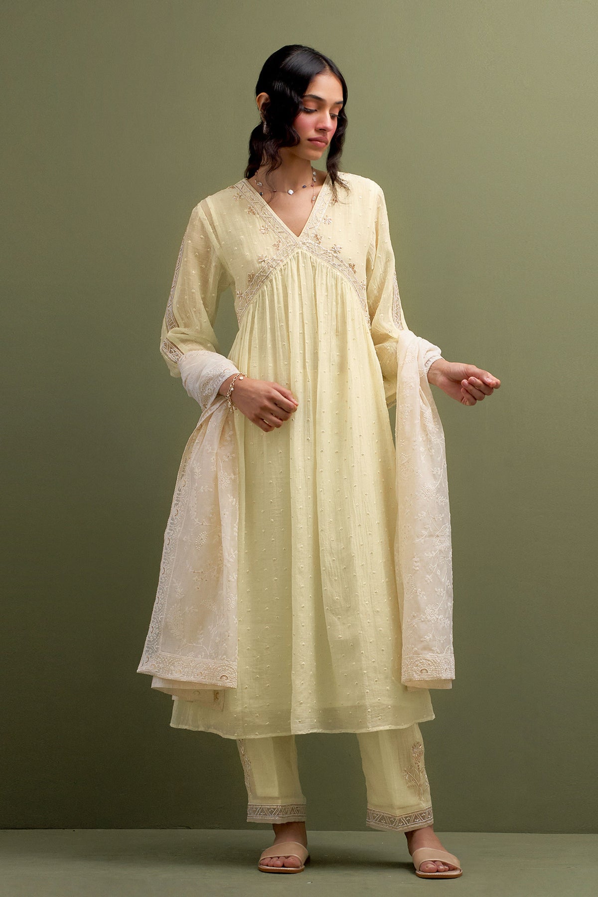 Yellow Embroidered Gather Kurta Set With Dupatta