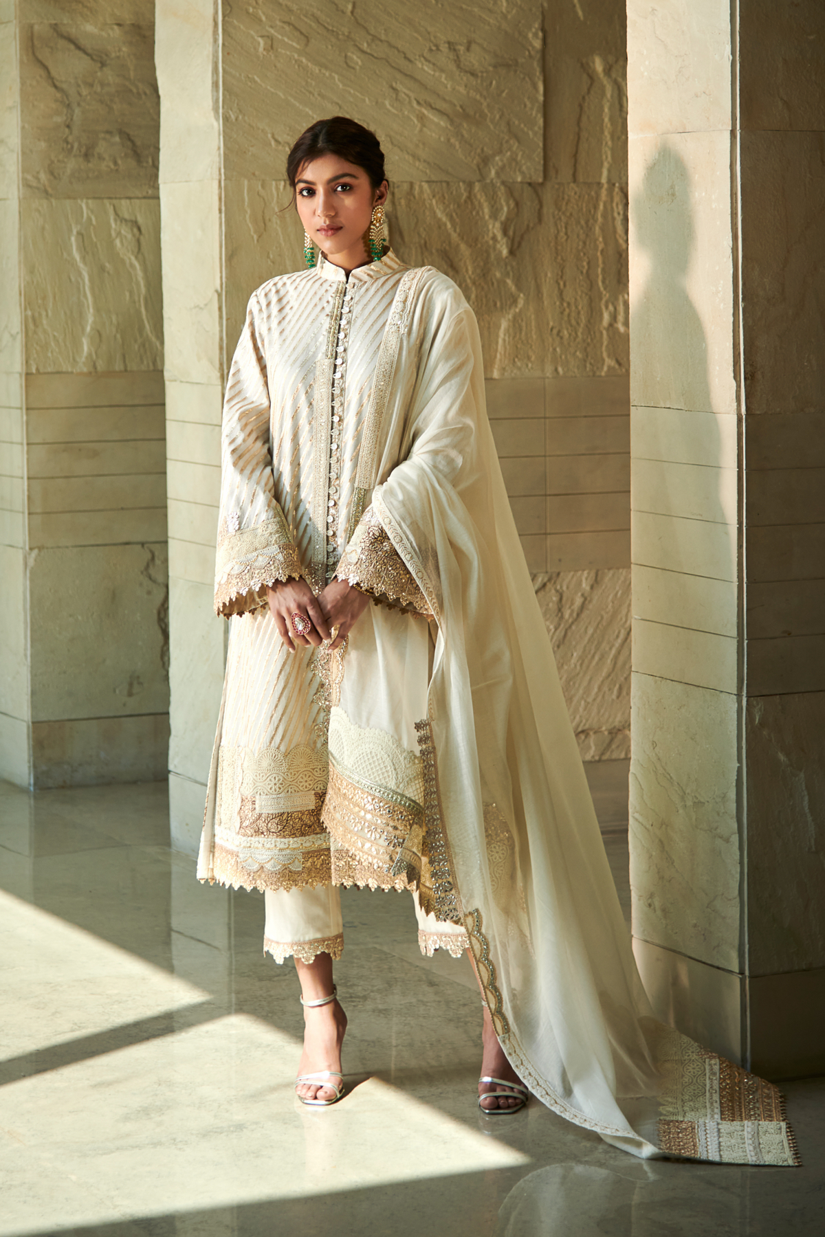 Multi patch ivory and gold front open suit set