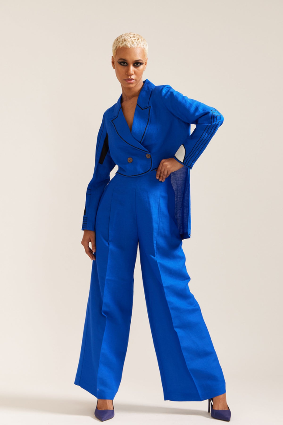 High Low Face Jacket Set In Blue