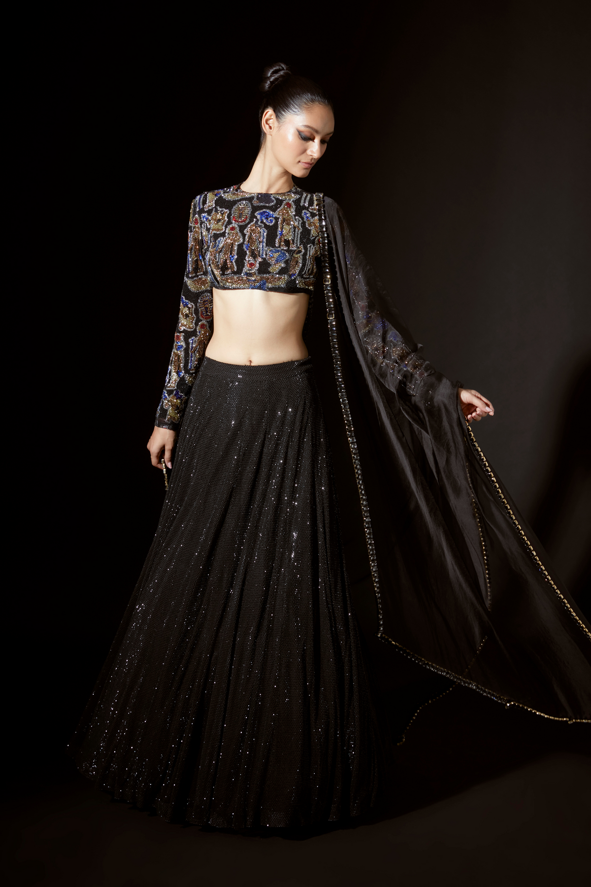 Black Figurine Flow Lehenga Set