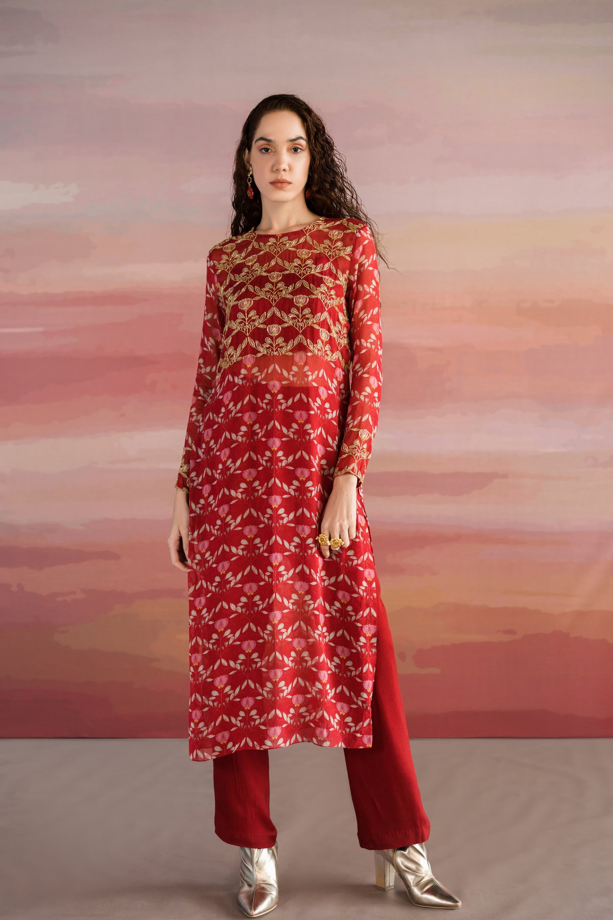 Red Printed Kurta Set