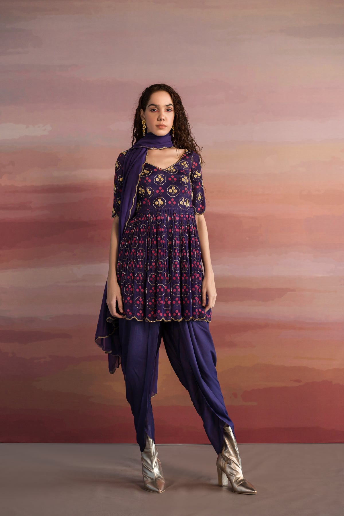 Purple Floral Printed Kurta Set