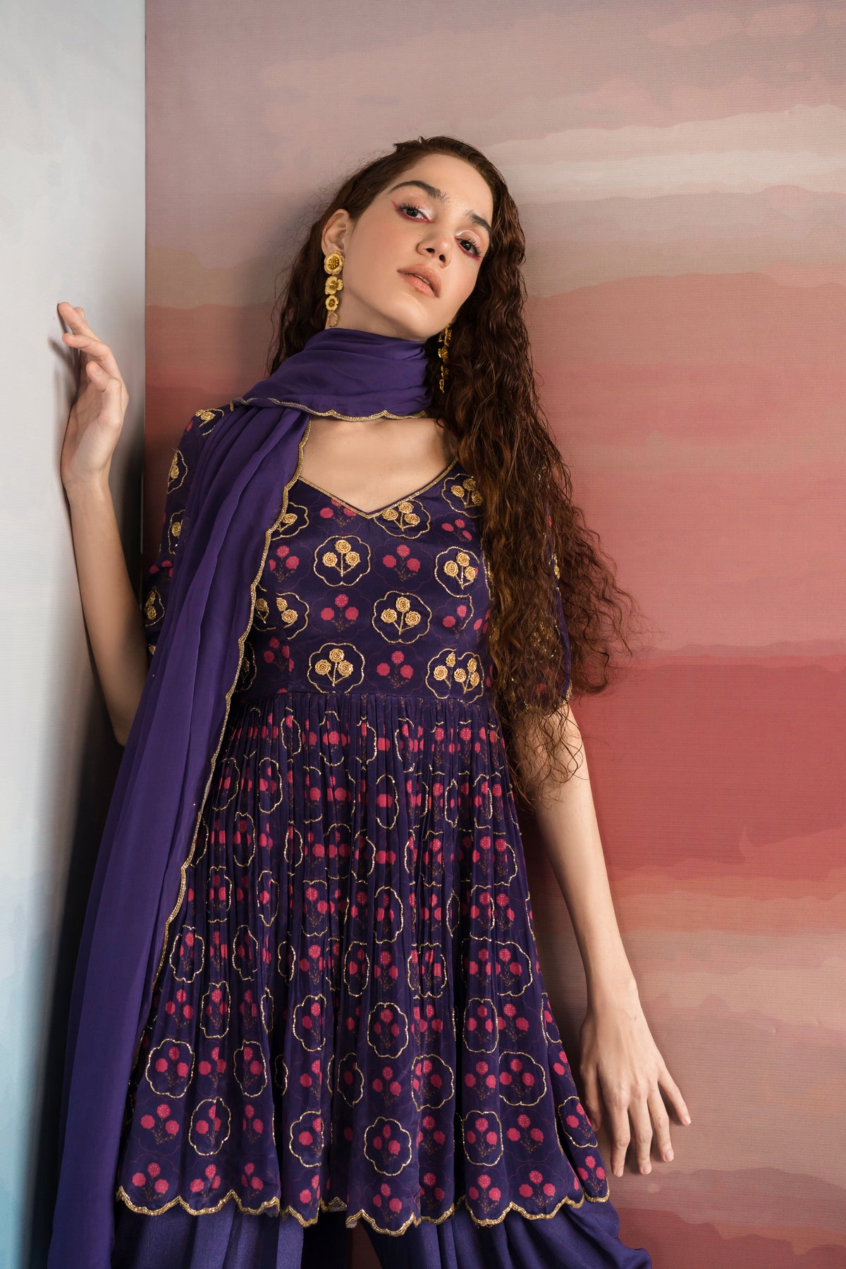 Purple Floral Printed Kurta Set