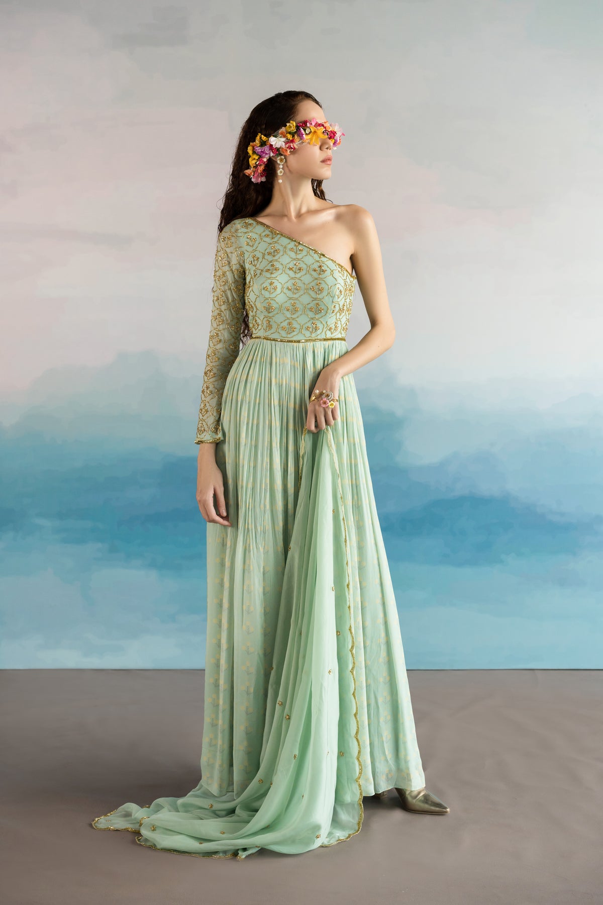 Mint Blue One Shoulder Anarkali