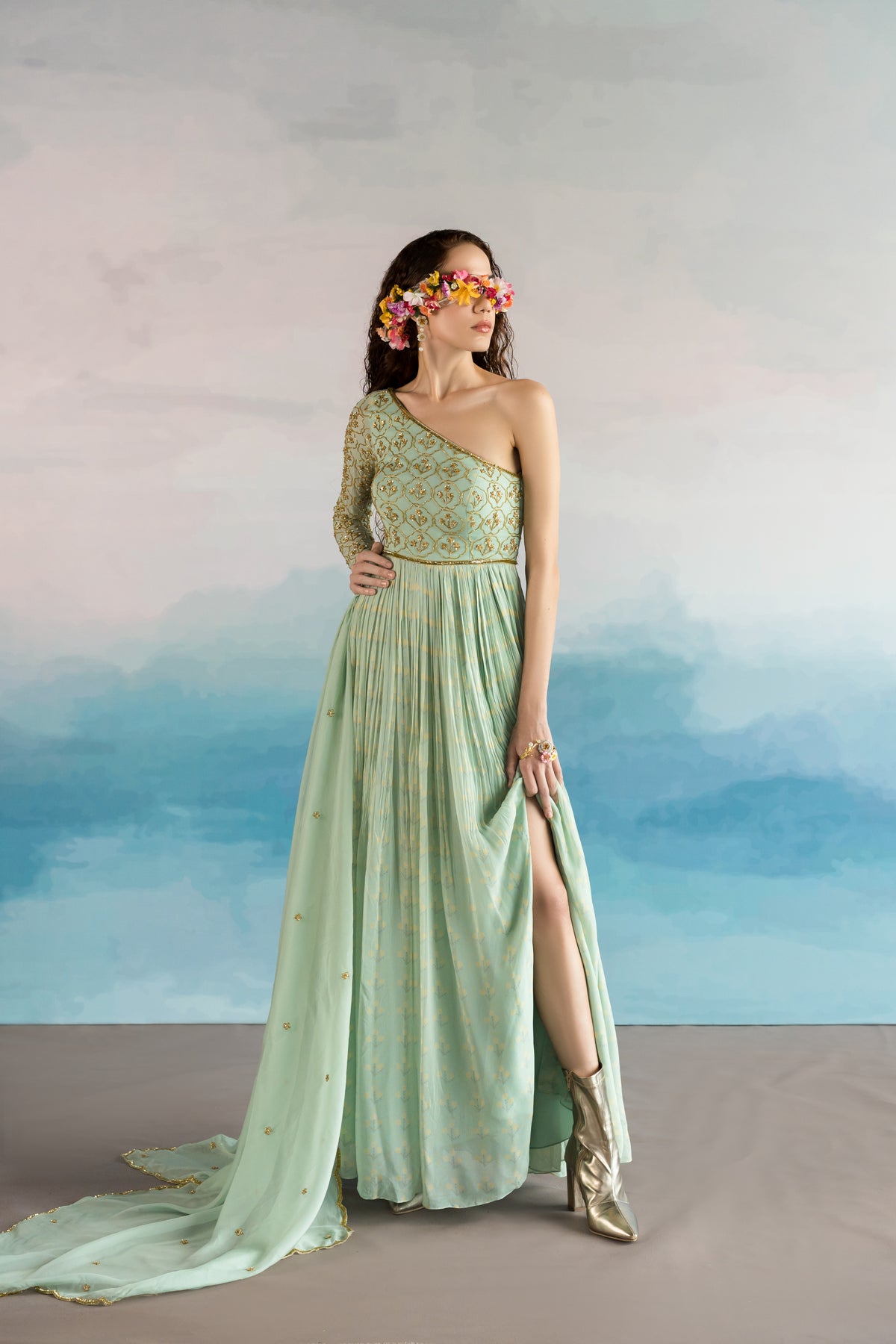 Mint Blue One Shoulder Anarkali