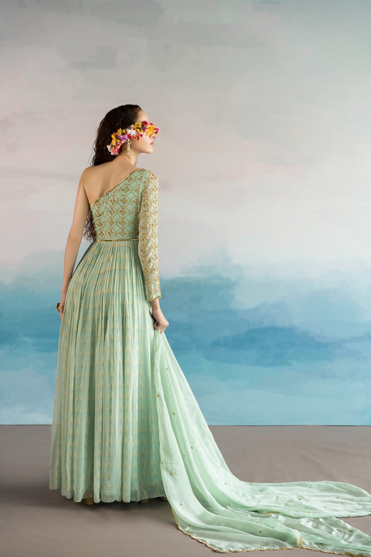 Mint Blue One Shoulder Anarkali