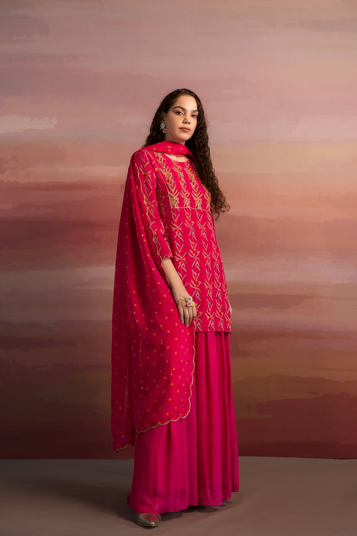 Fuschia Floral Printed Sharara Set