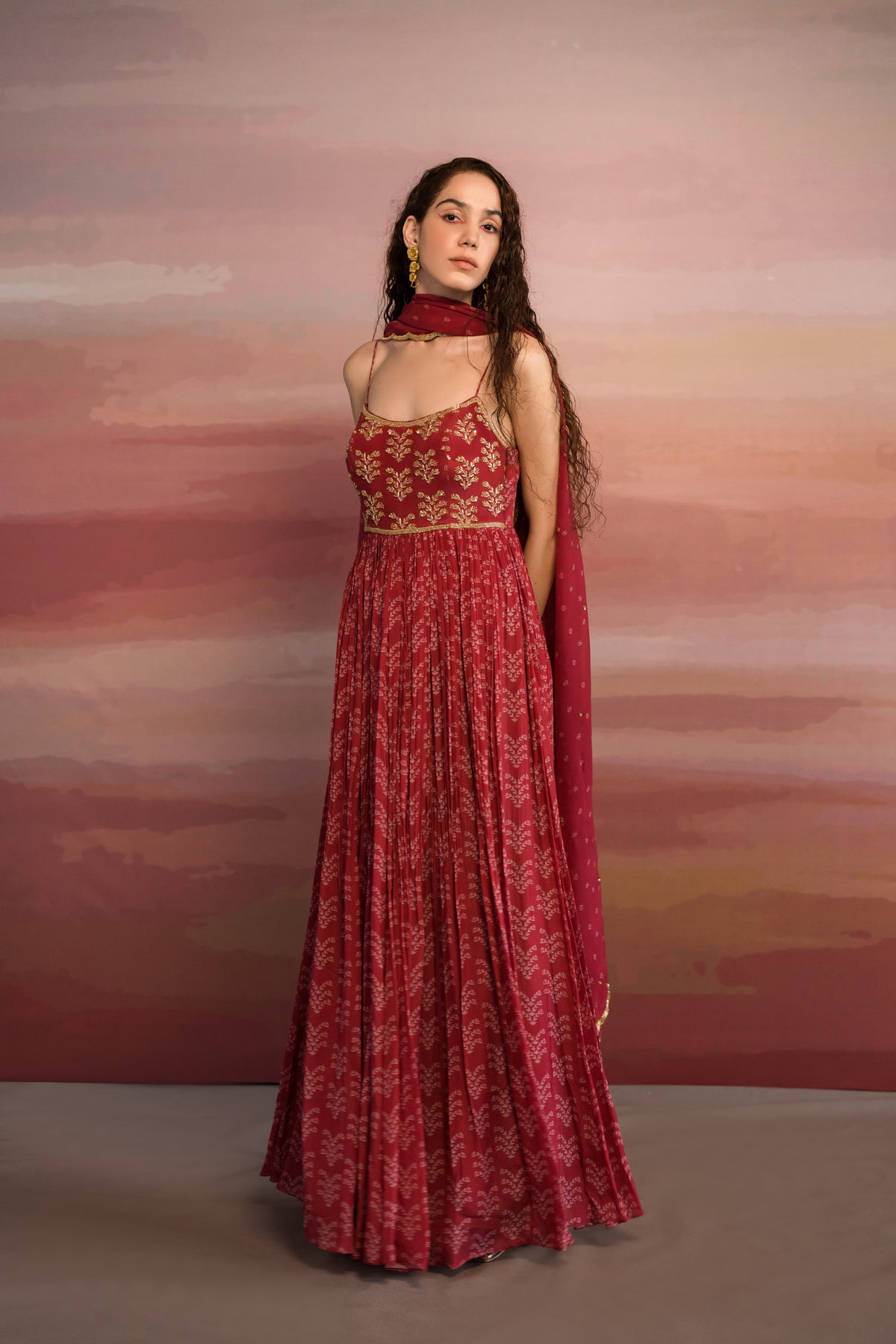 Maroon Floral Printed Anarkali