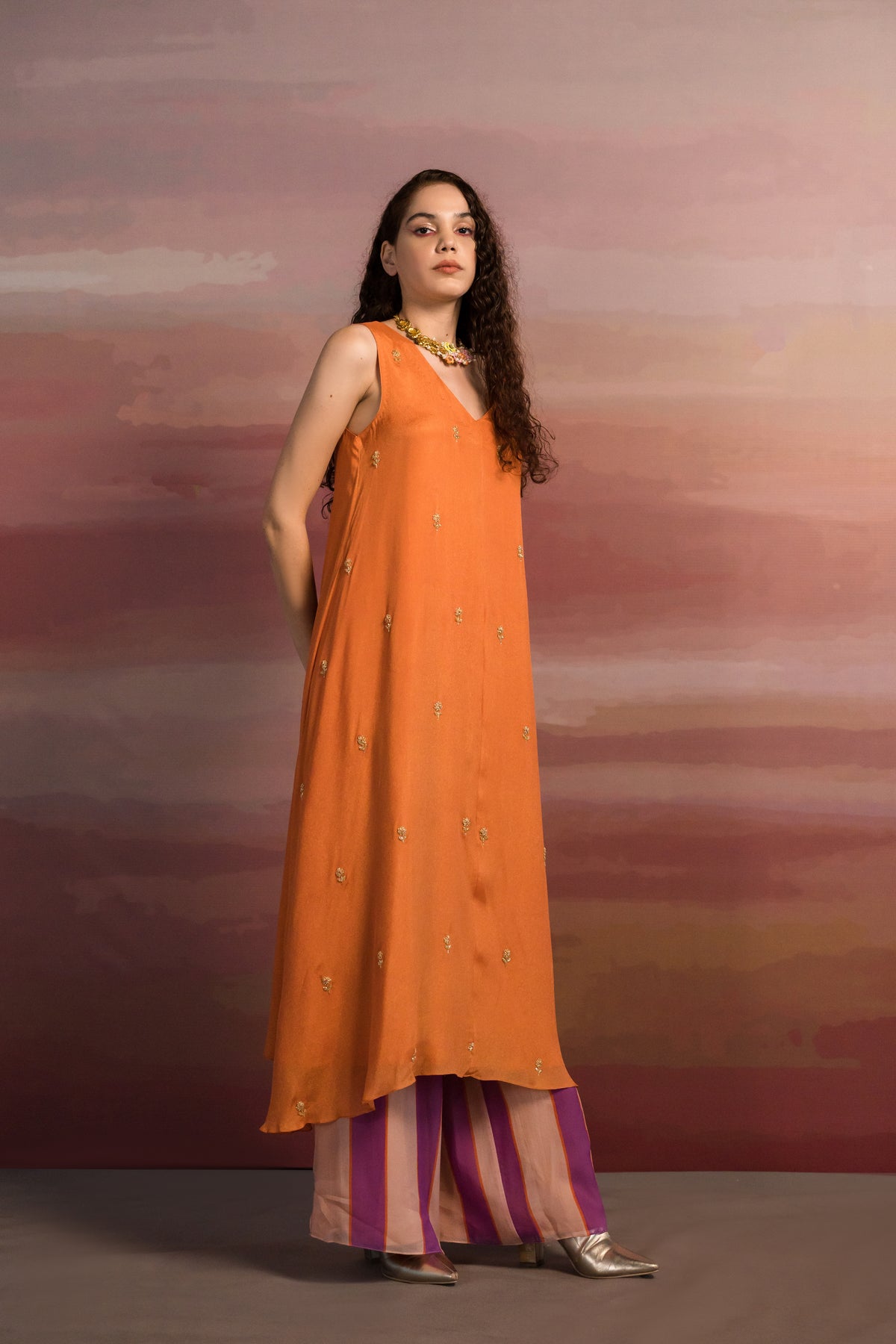 Embroidered Striped Kurta Set