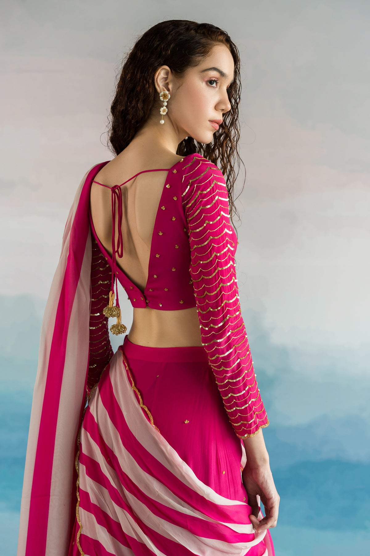 Rani Pink Striped Draped Saree