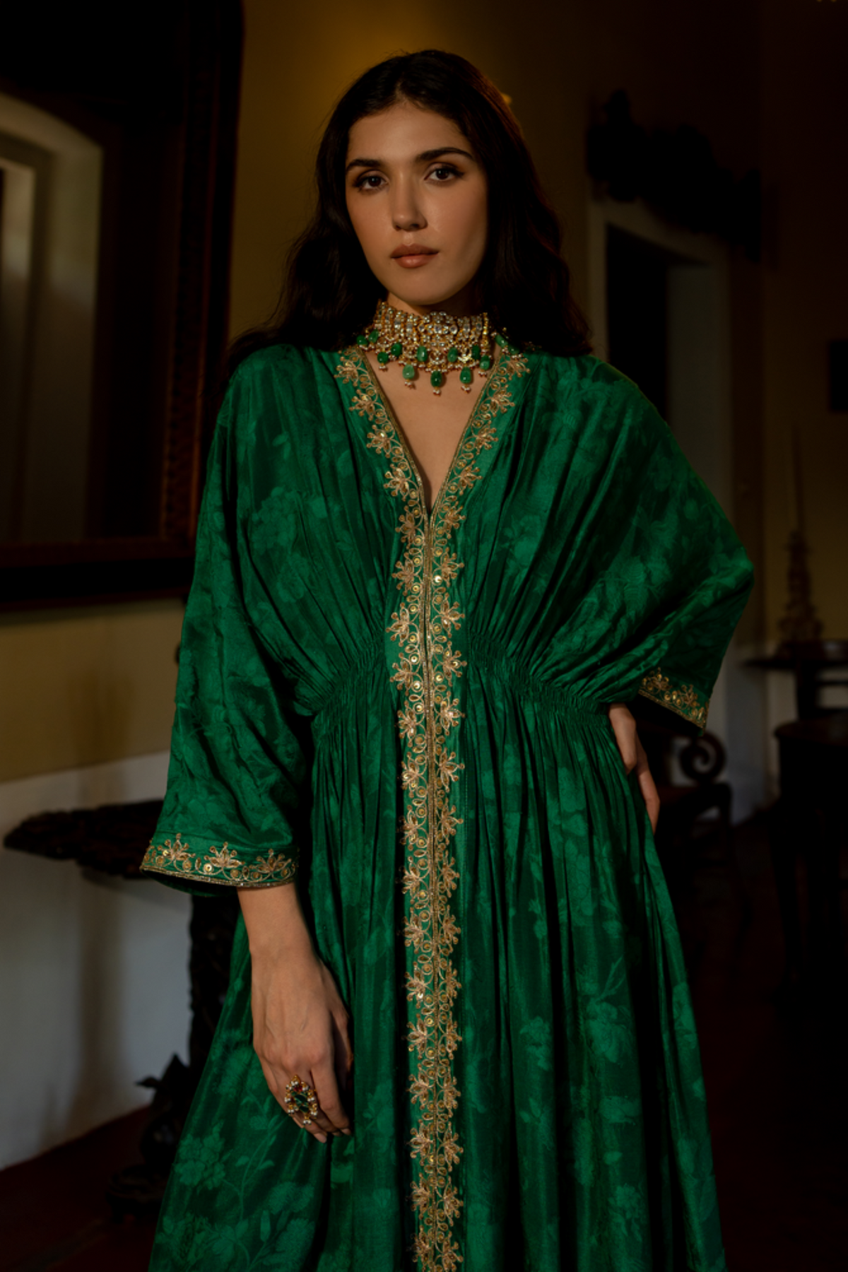 Emerald Green Self Woven Kaftan Set