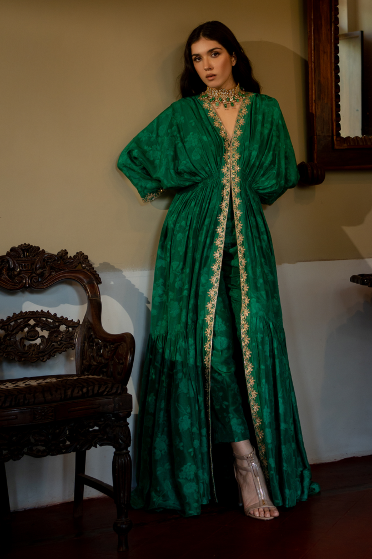 Emerald Green Self Woven Kaftan Set