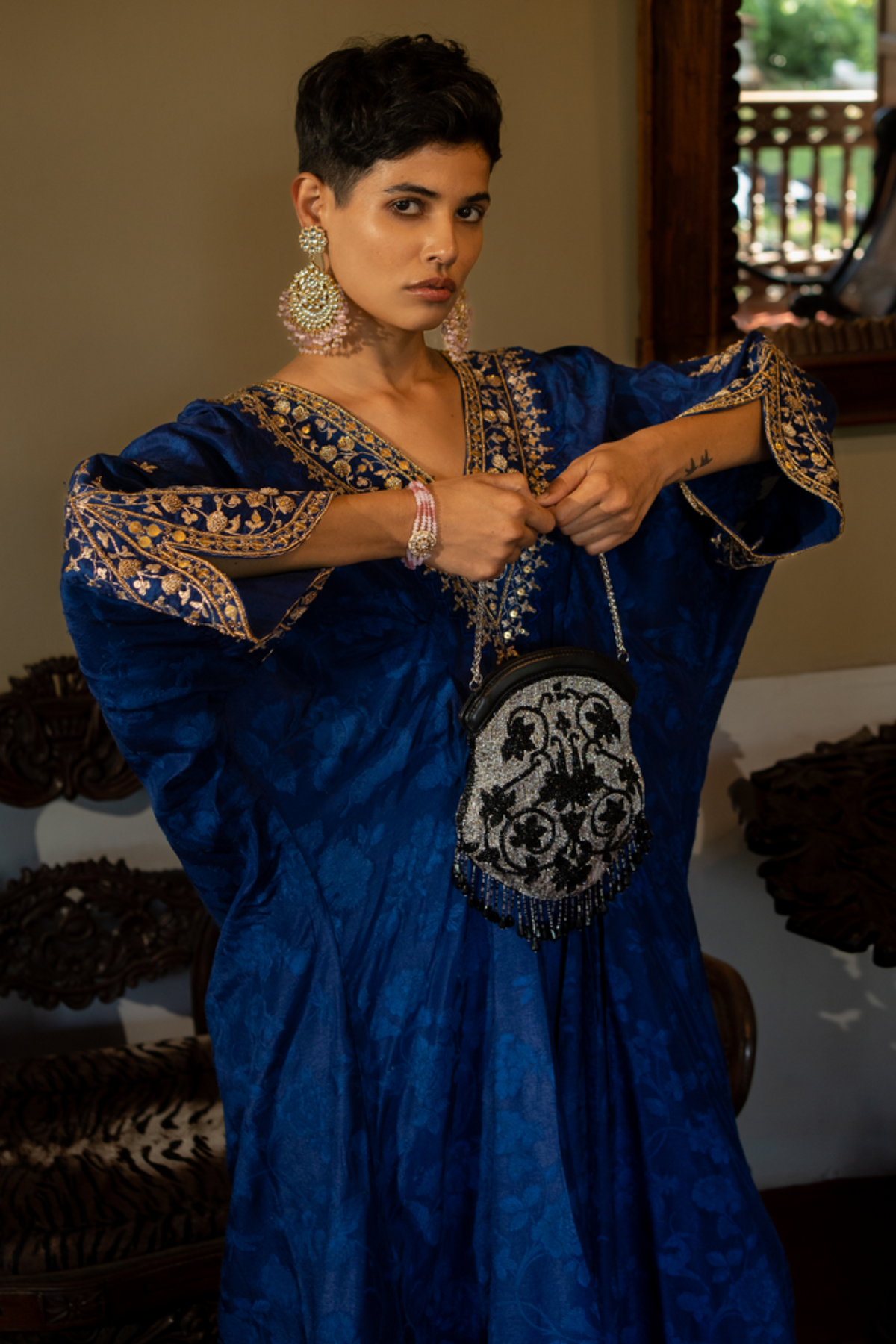 Royal Blue Self Woven Kaftan