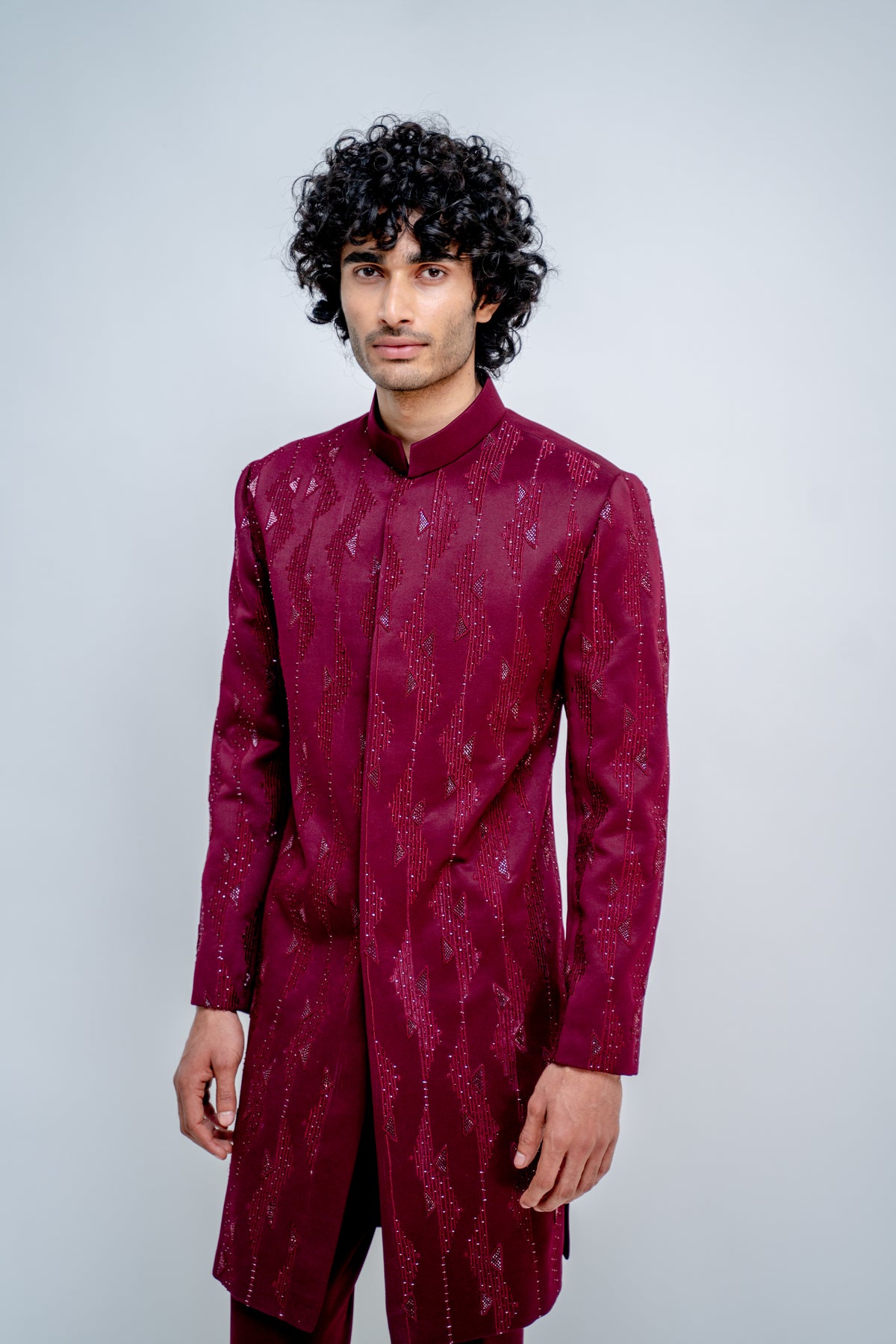 Plum geometric sherwani set