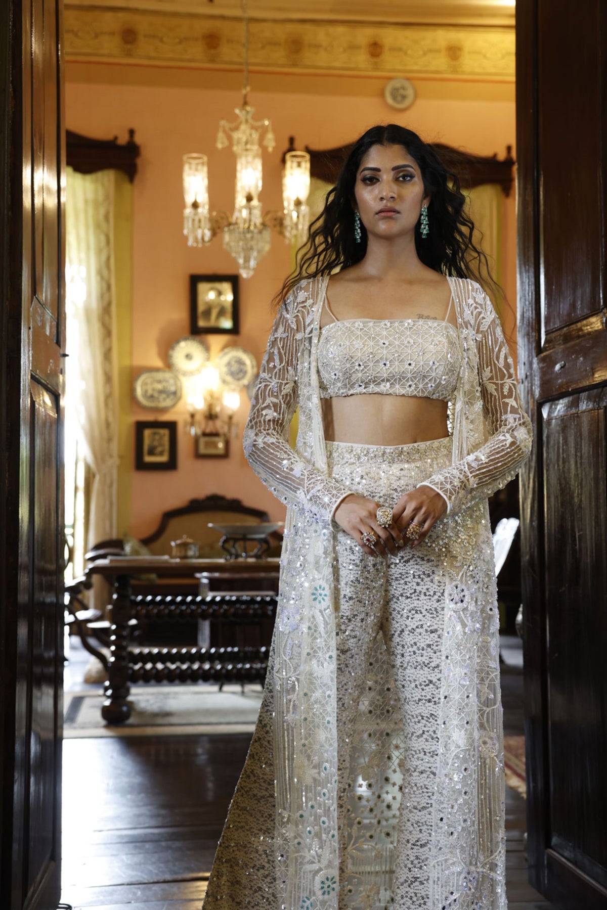 Ivory Embroidered Cape with Bustier and Bell Bottom Pants