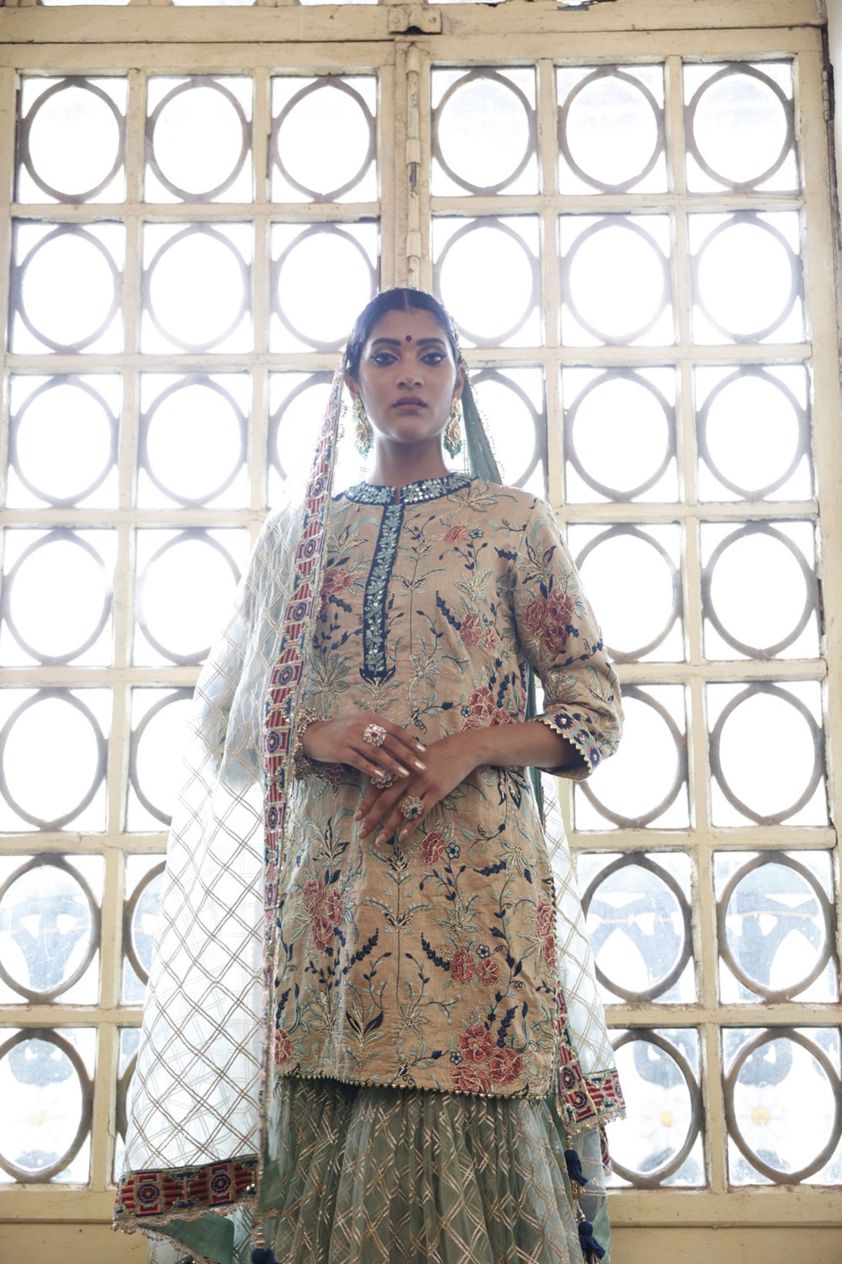 Beige Kurta with criss cross Sharara and Dupatta