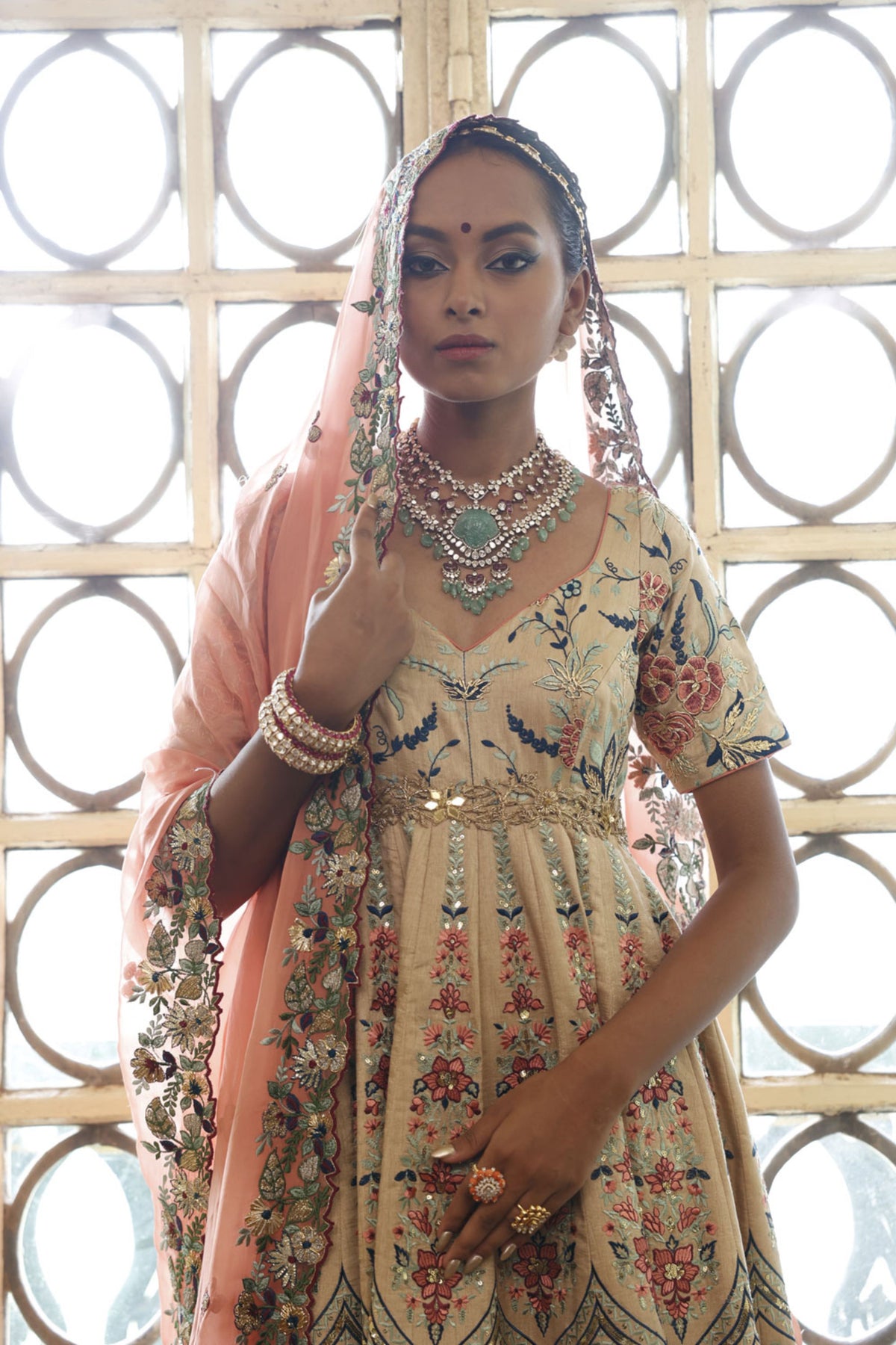 Beige Kalidaar with Sage Churidar and Dupatta