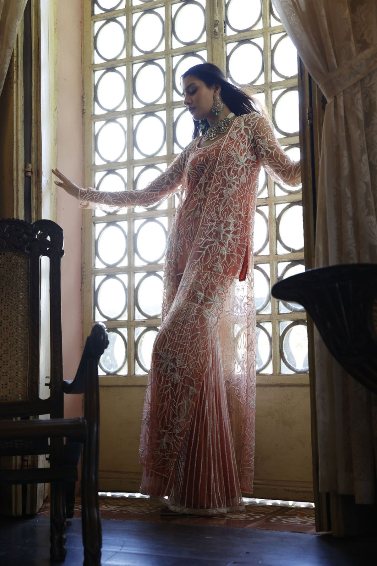 Peach Kurta, Sharara and Cape