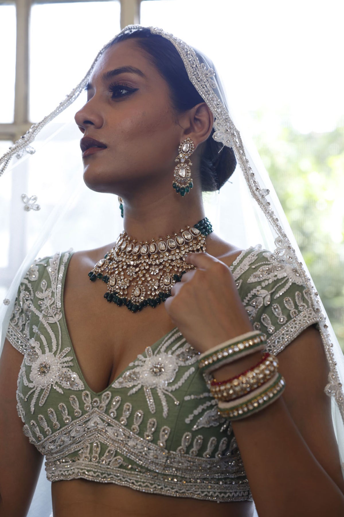 Sage Lehenga, Choli and Dupatta