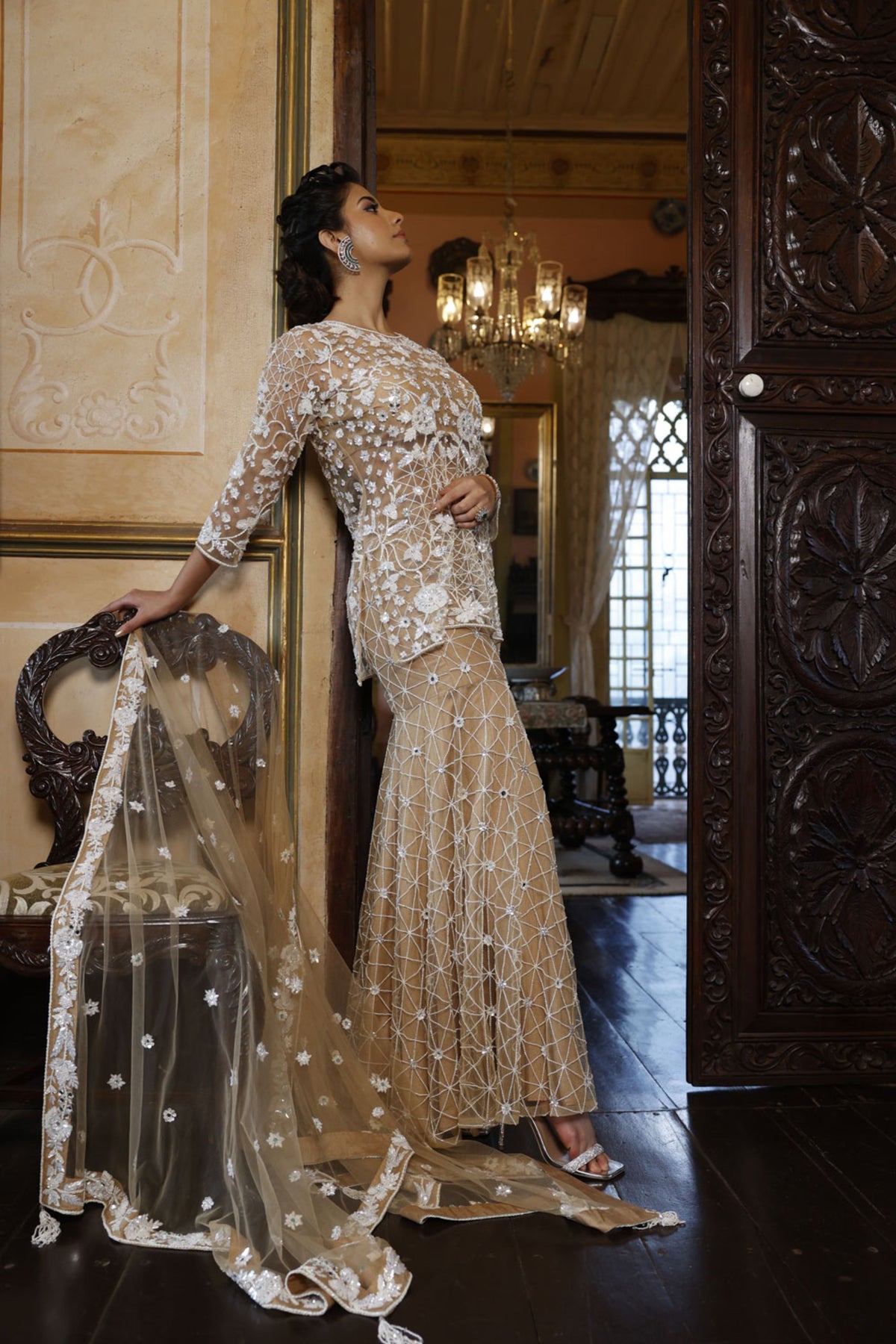 Nude Sharara with Kurta,Bustier and Dupatta