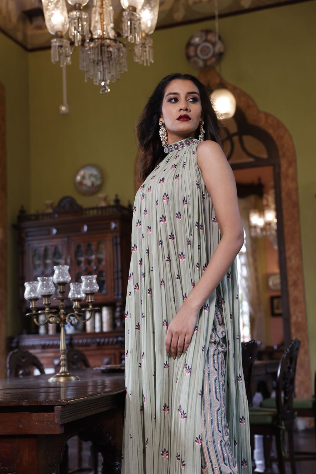 Sage Gathered Kurta with Embroidered Bustier and Pant