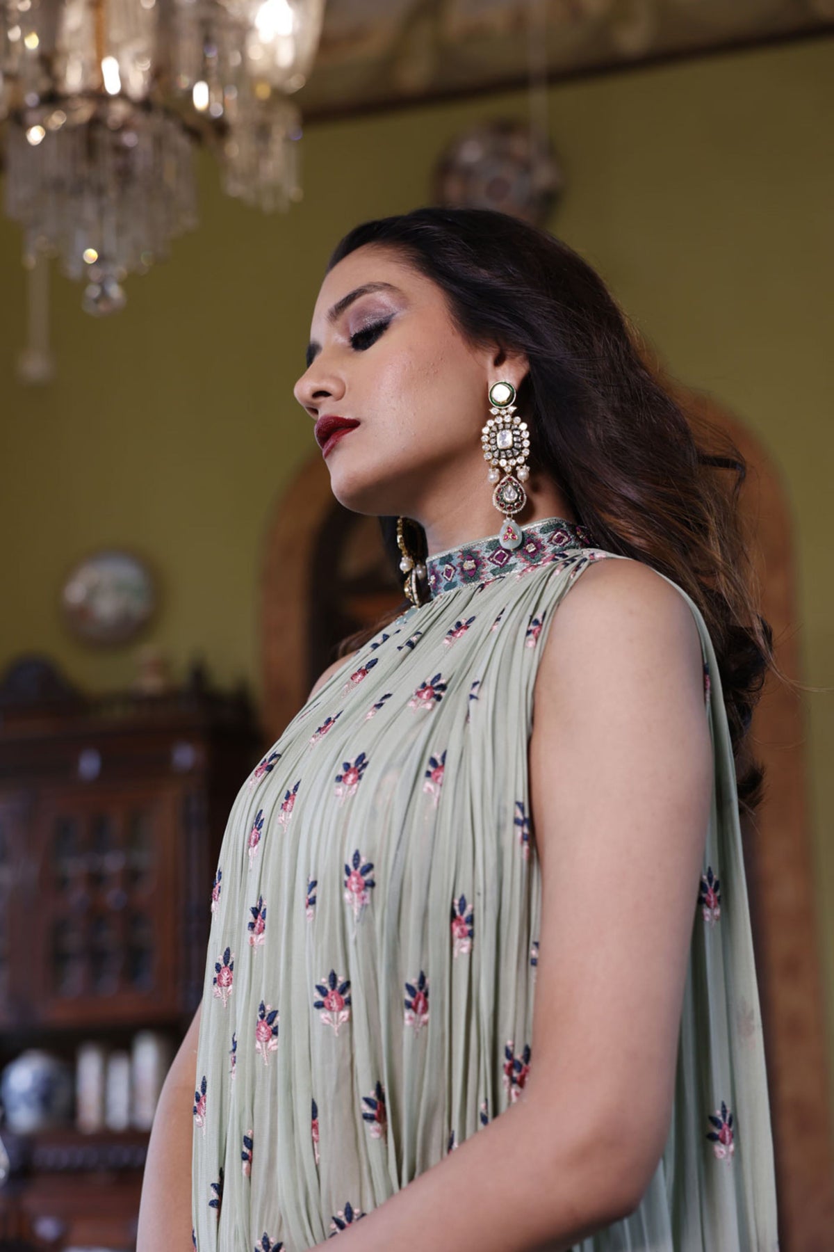 Sage Gathered Kurta with Embroidered Bustier and Pant