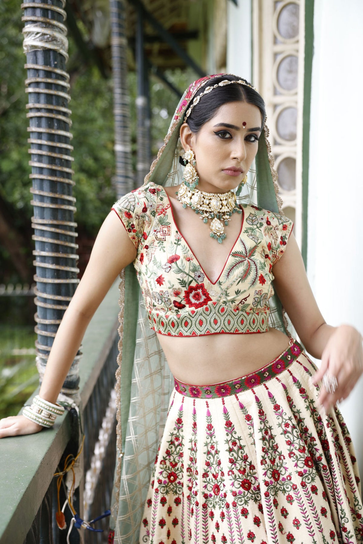 Ivory Kali Lehenga with Choli and Dupatta