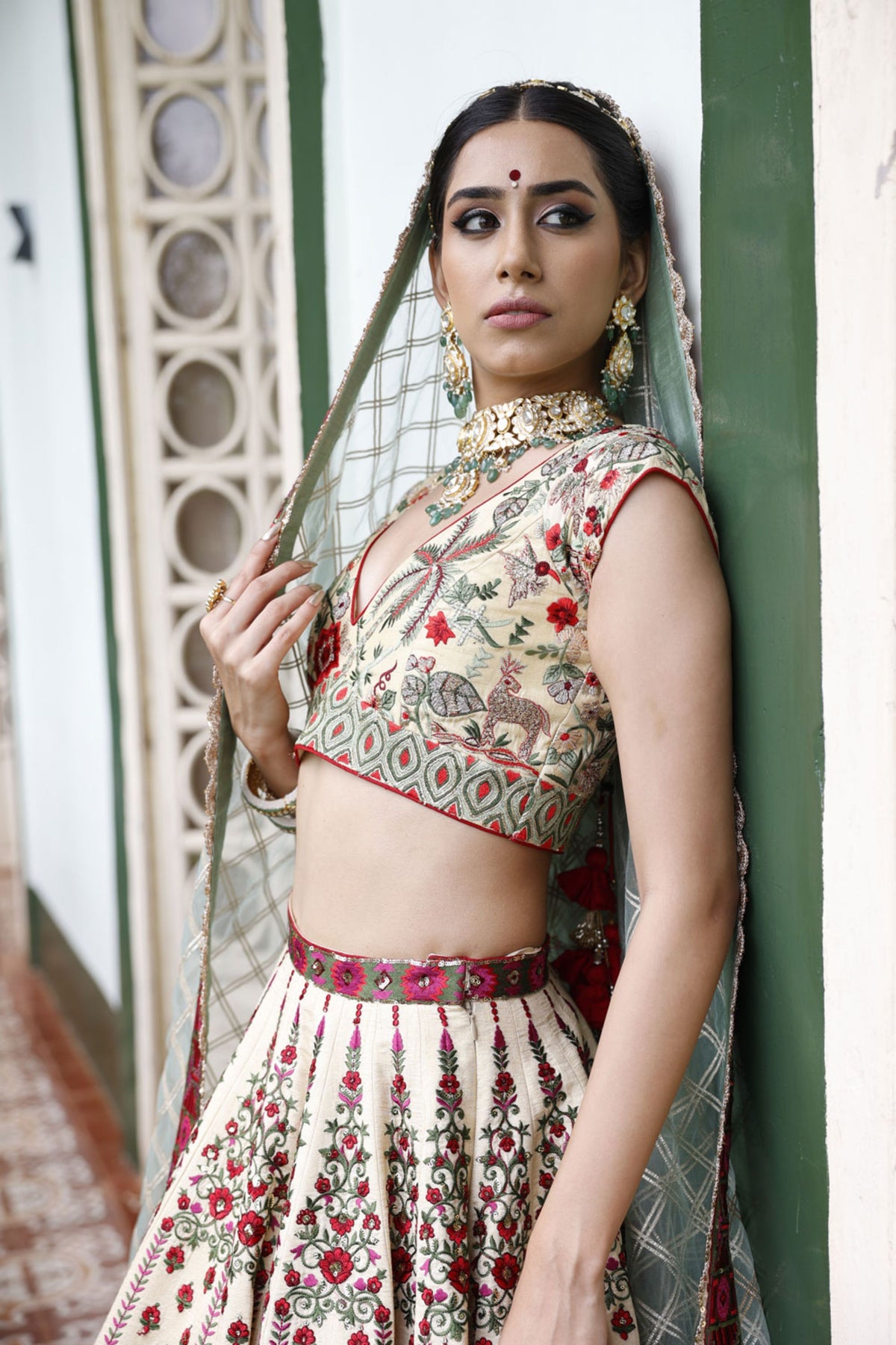 Ivory Kali Lehenga with Choli and Dupatta