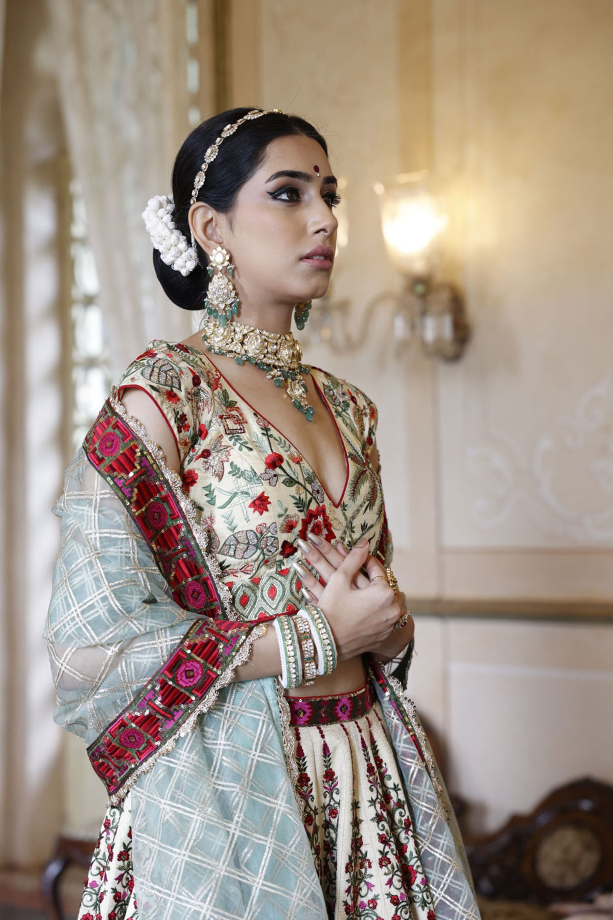 Ivory Kali Lehenga with Choli and Dupatta