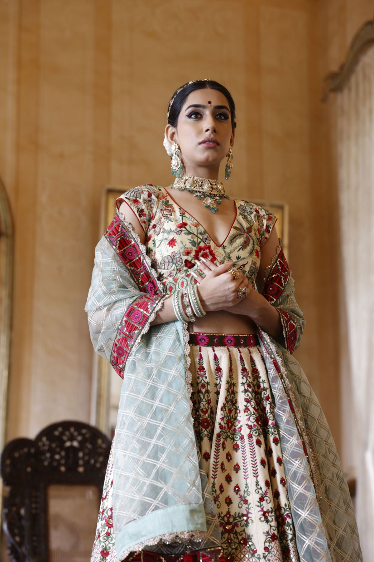 Ivory Kali Lehenga with Choli and Dupatta