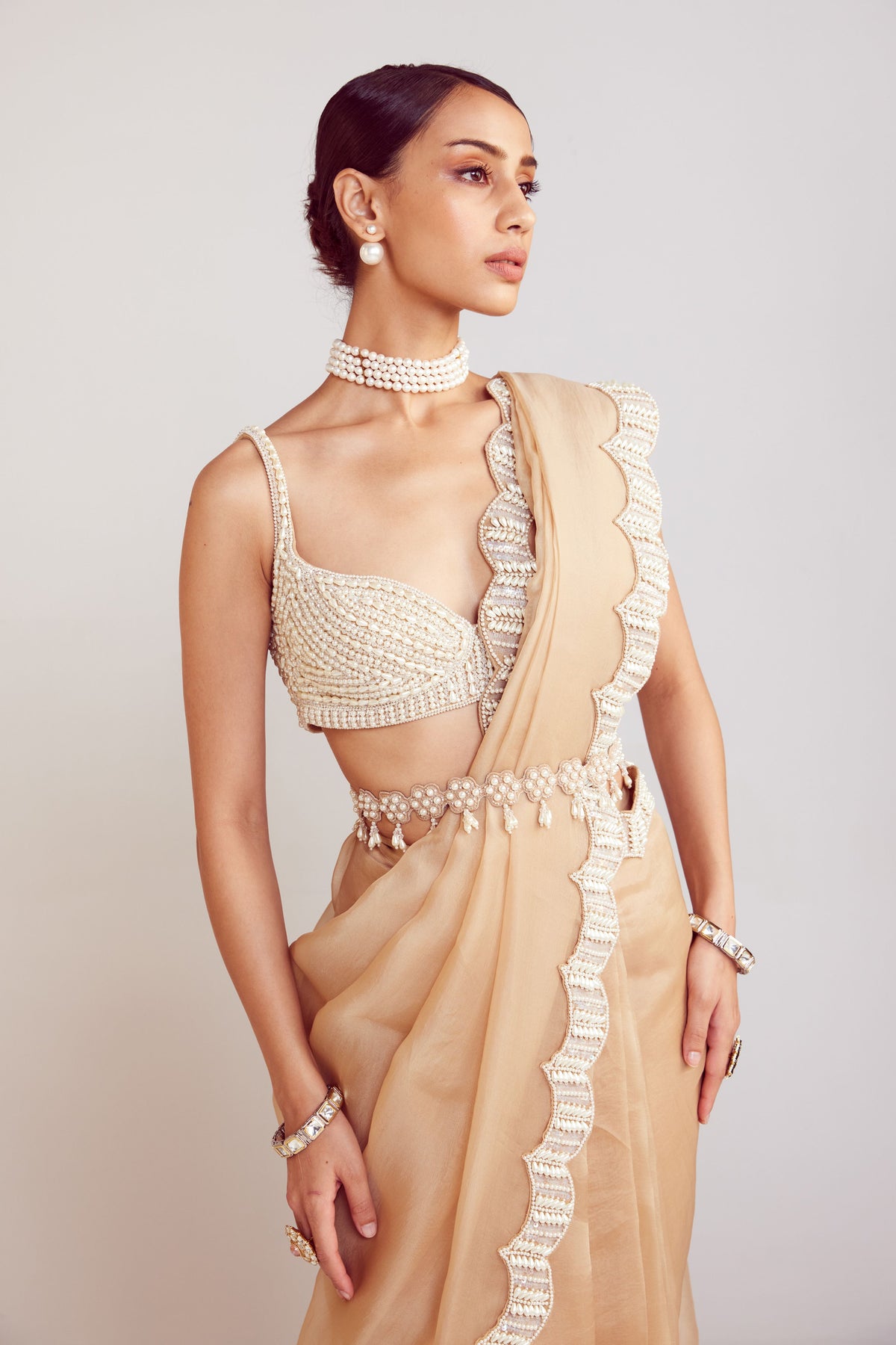 Beige Pearl Embellished Saree Set