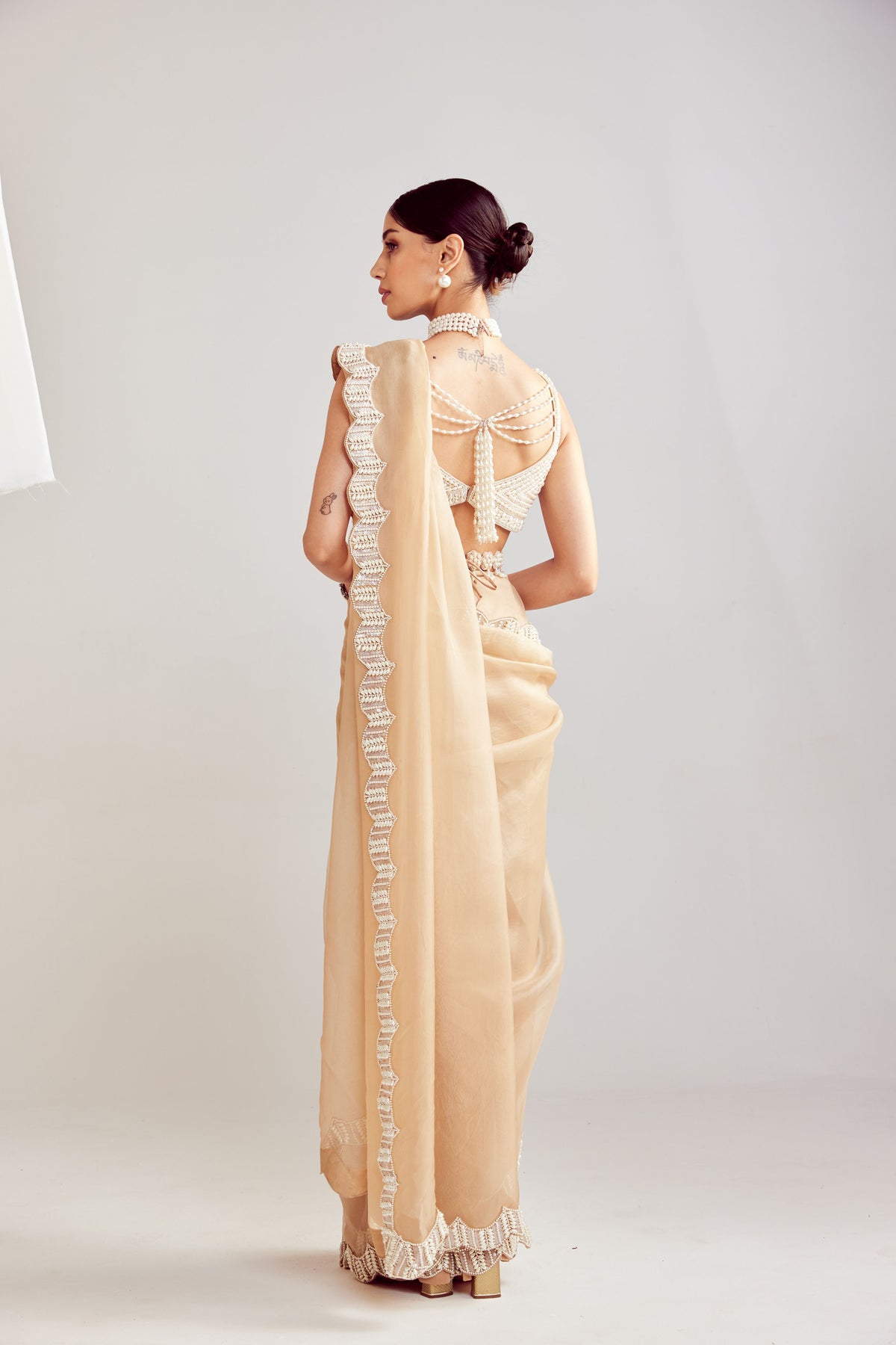 Beige Pearl Embellished Saree Set