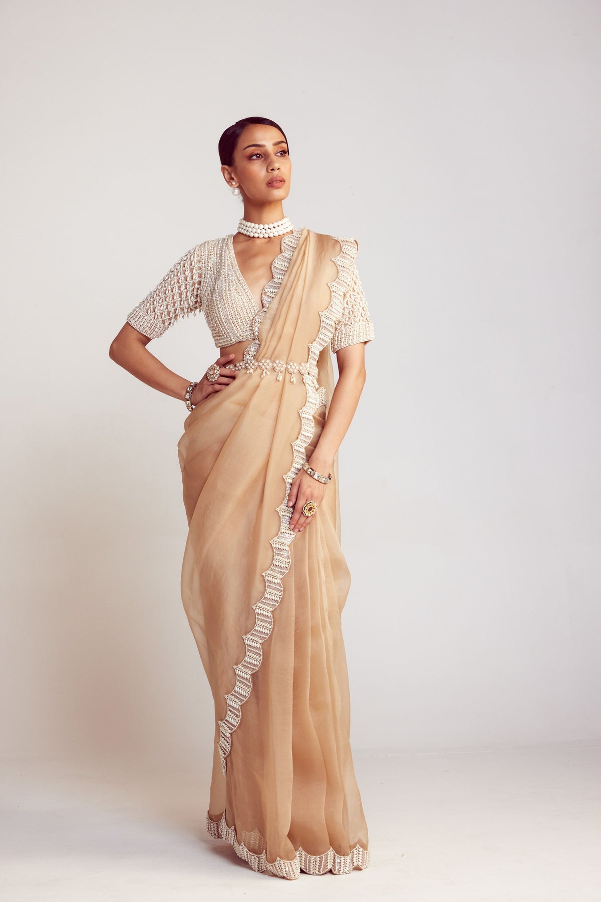 Beige V Neck Saree Set