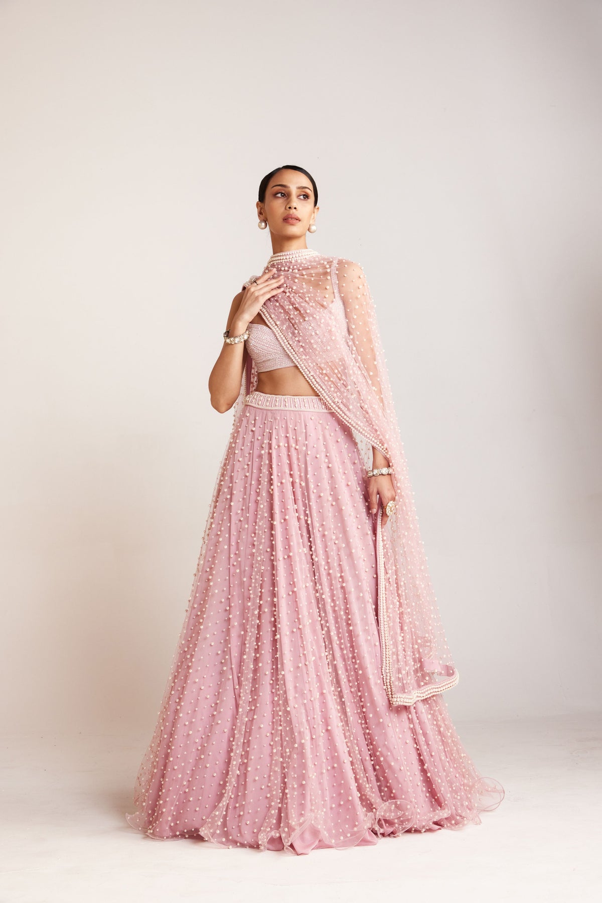 Powder Pink Dense Pearl Lehenga Set