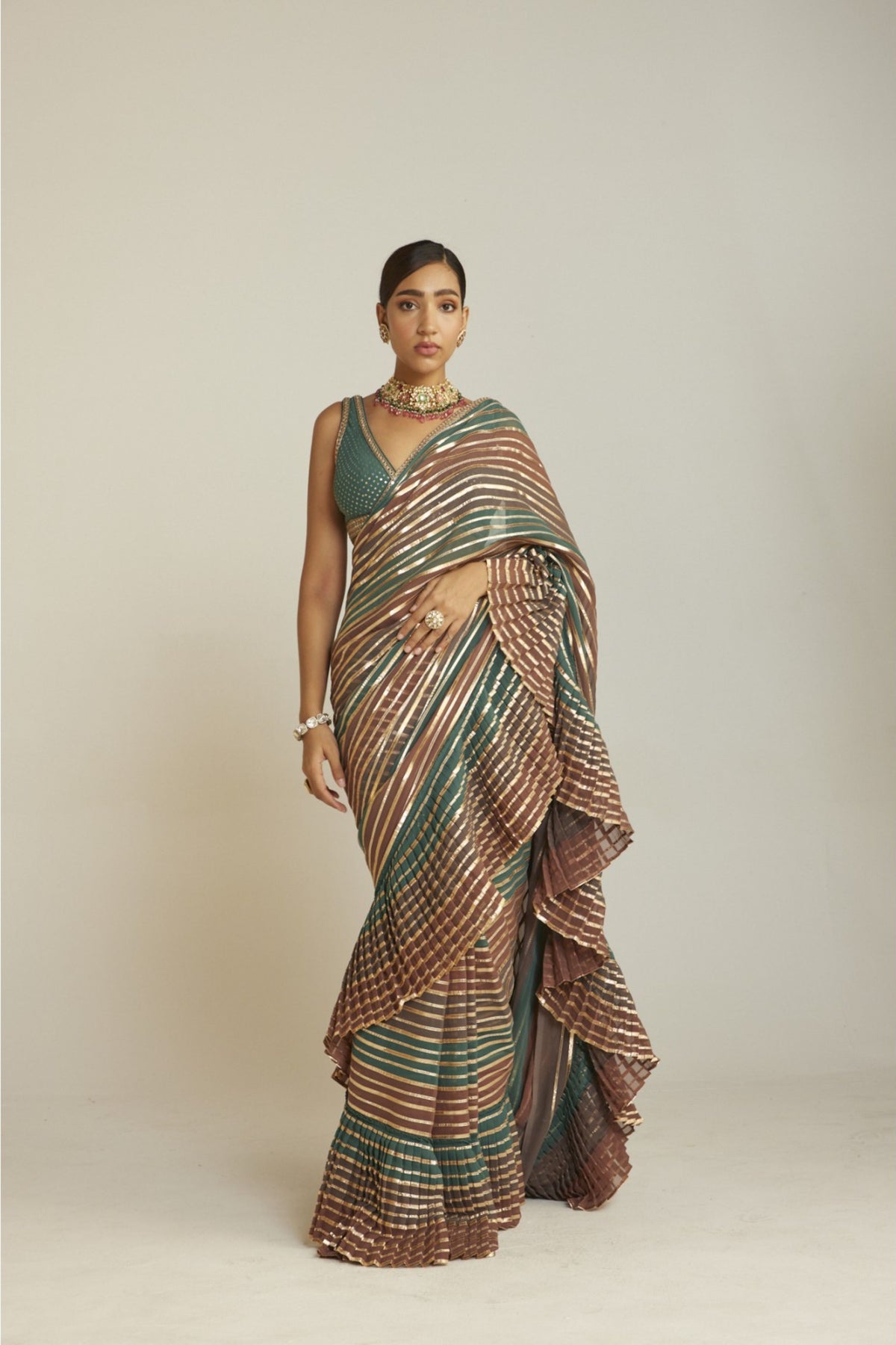 Draped Mud Green Multicolor Saree Set