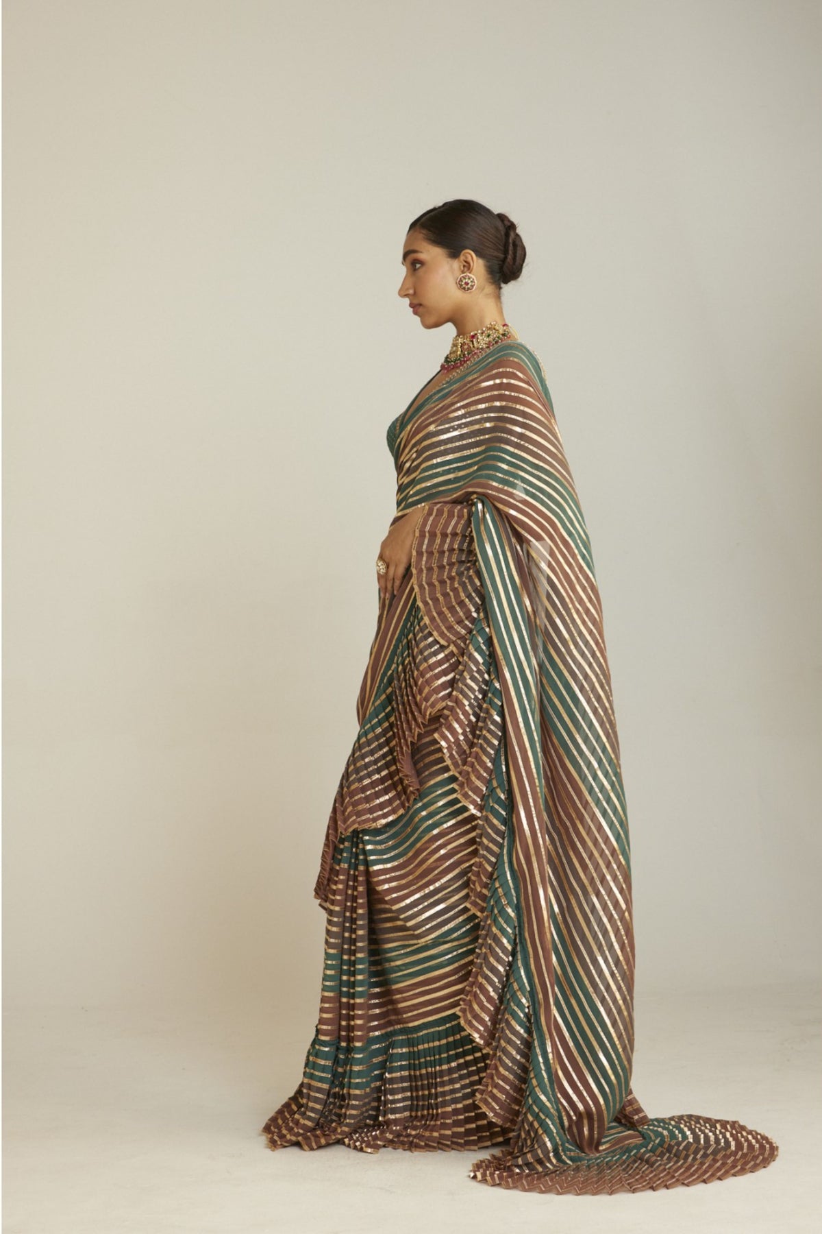 Draped Mud Green Multicolor Saree Set