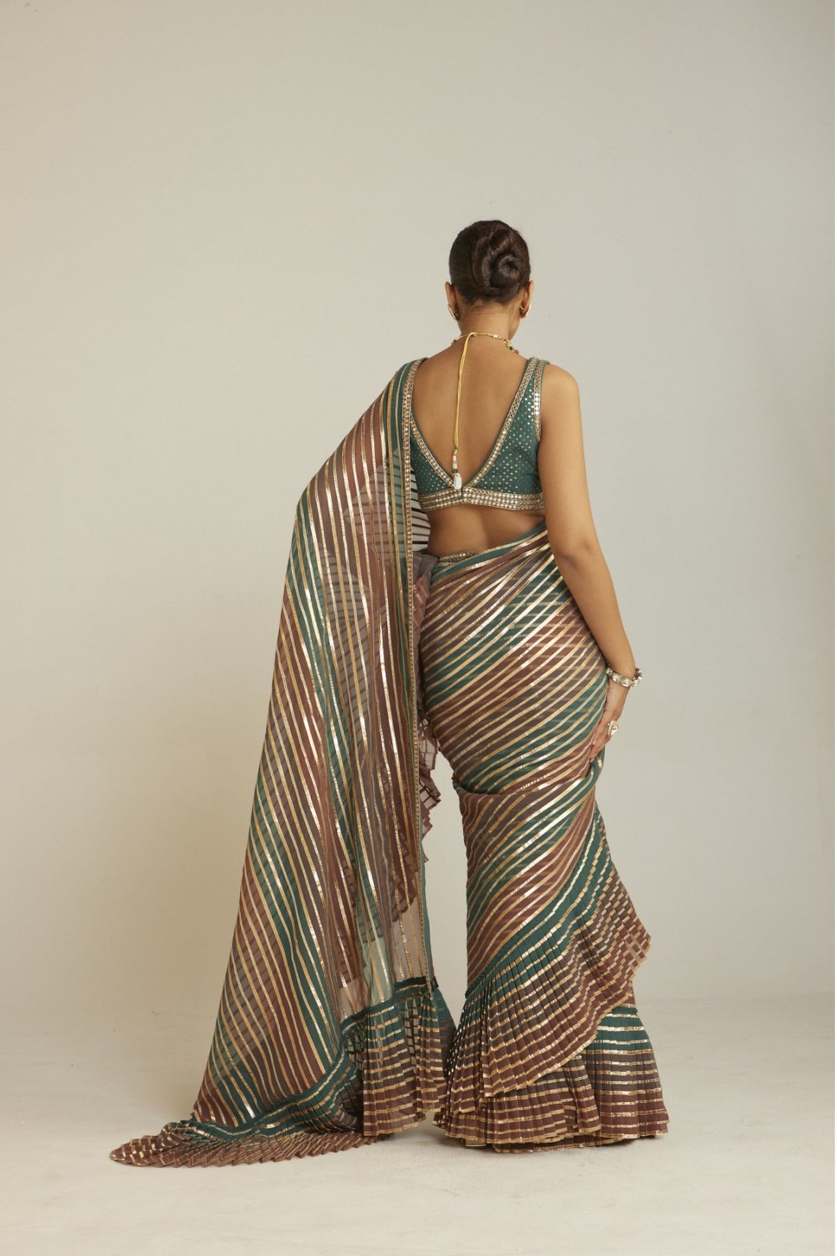 Draped Mud Green Multicolor Saree Set