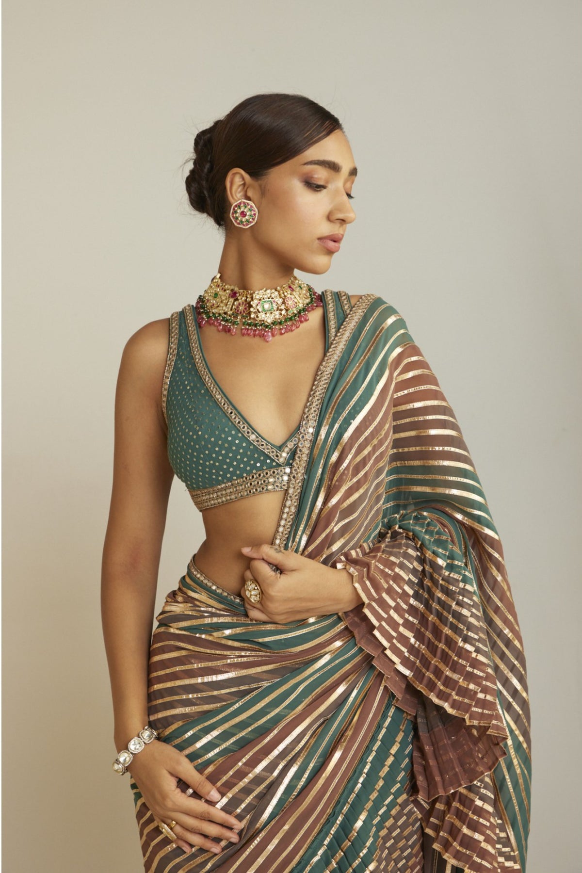 Draped Mud Green Multicolor Saree Set