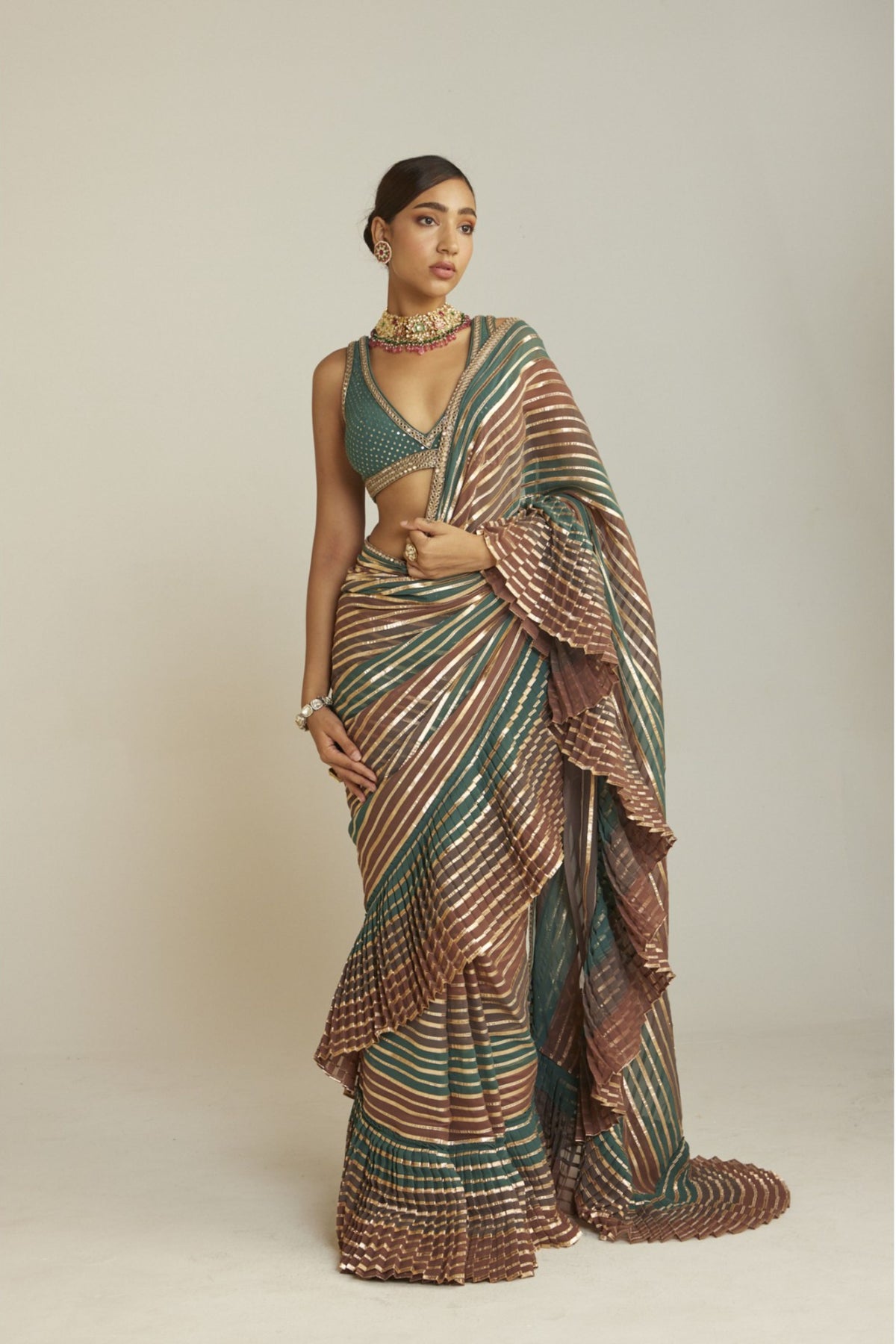 Draped Mud Green Multicolor Saree Set