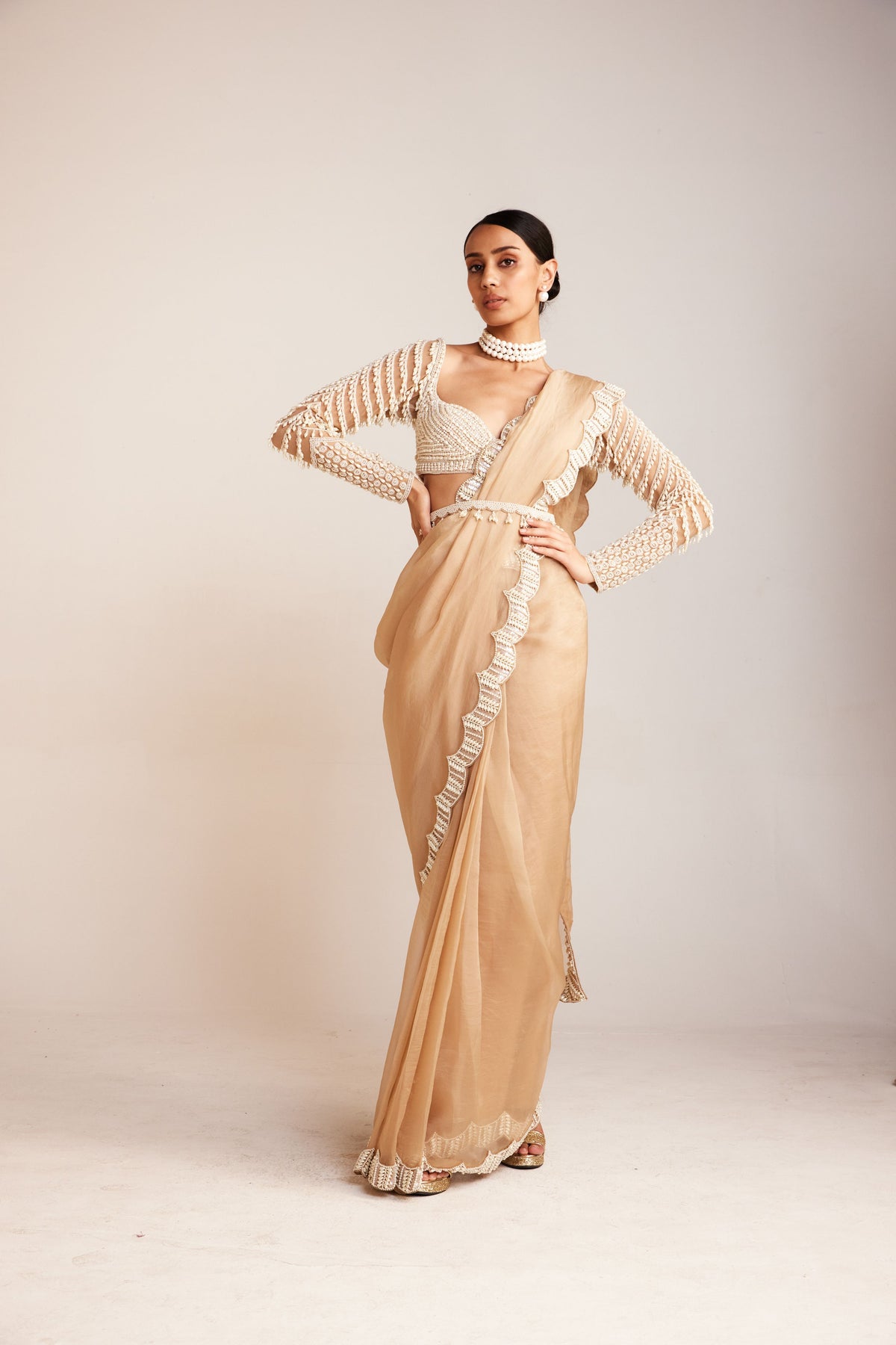 Beige Chandelier Drop Saree Set