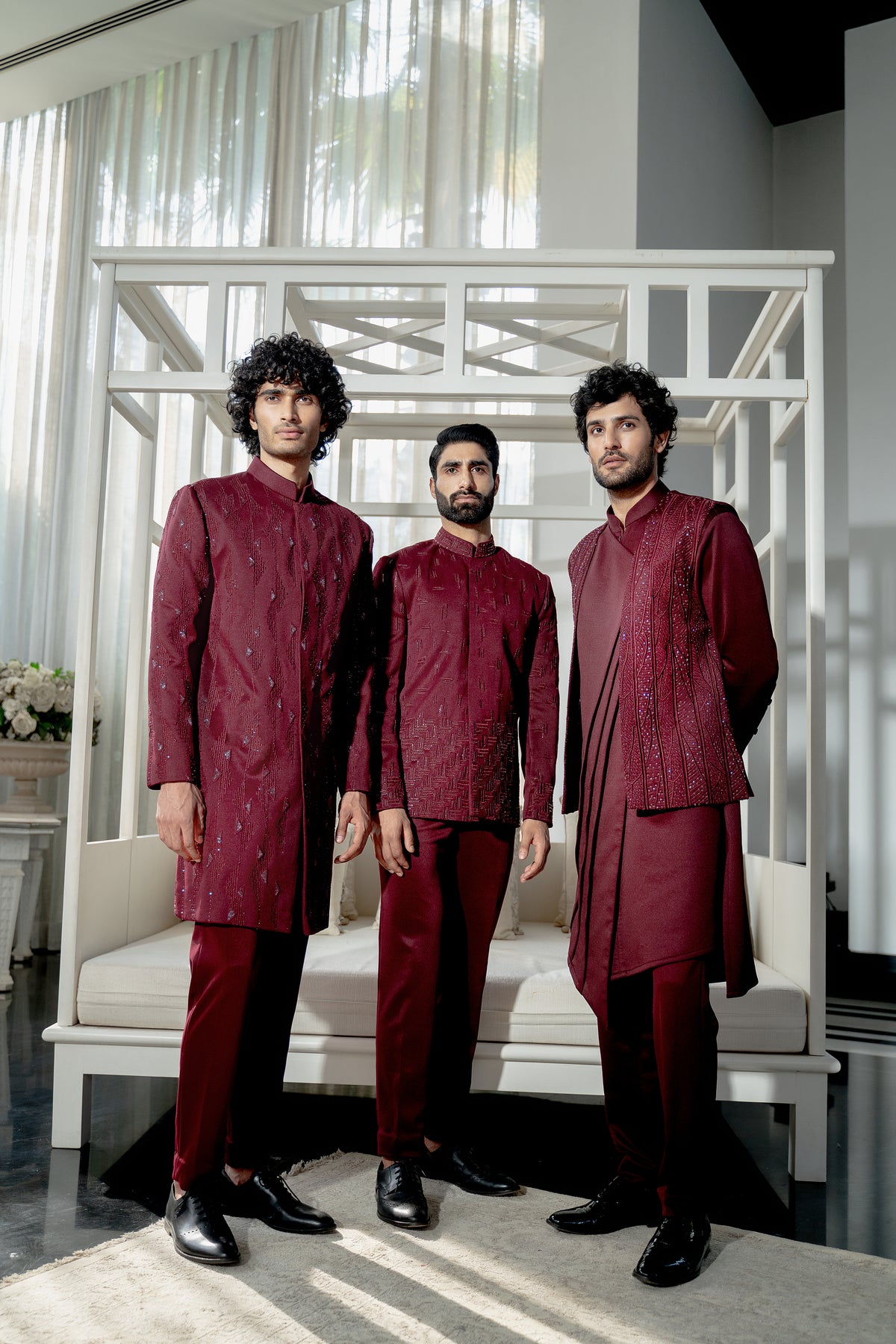 Plum geometric sherwani set